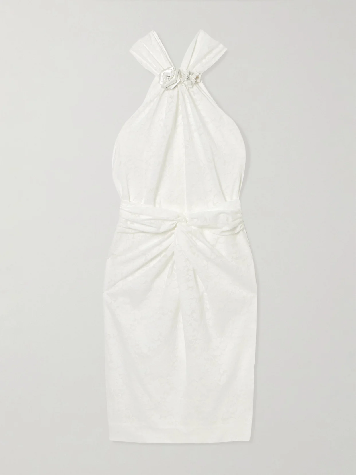 Embellished Ruched Lace Mini Dress - 1