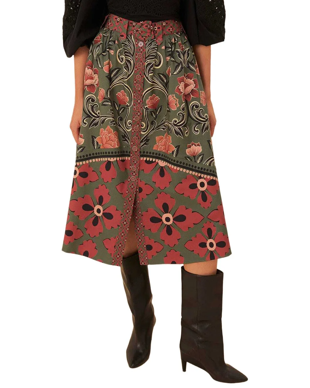 Farm Rio Arabesque Floral Green Buttons Midi Skirt - 1