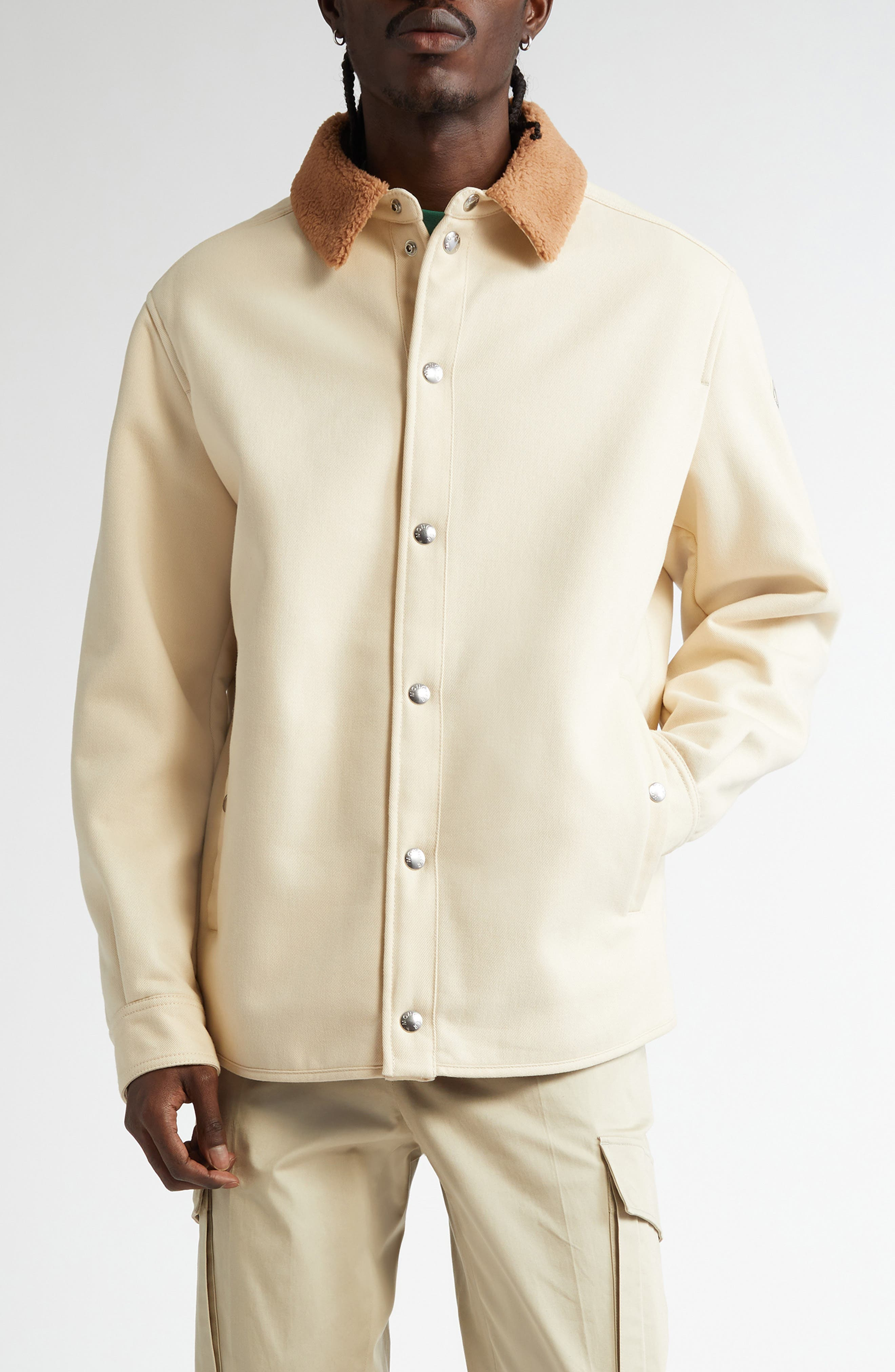 Moncler Teddy Collar Cotton Shirt Jacket in Ivory at Nordstrom - 1