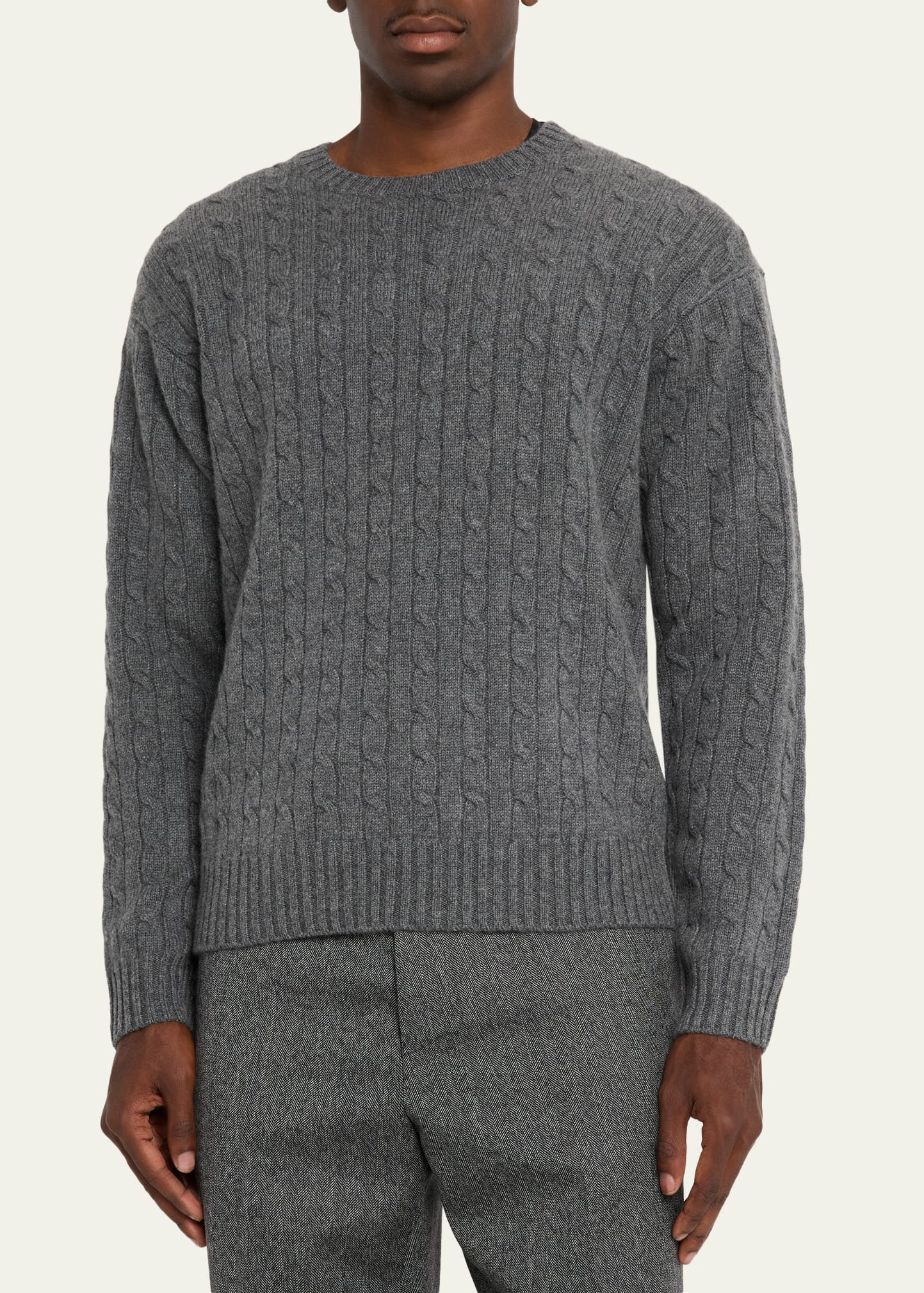 Men's Cable Knit Cashmere and Wool Crewneck Sweater - 4