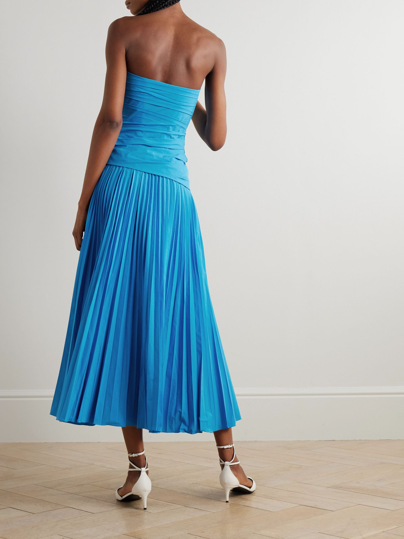 Arie strapless gathered pleated cotton-blend poplin midi dress Blue - 3