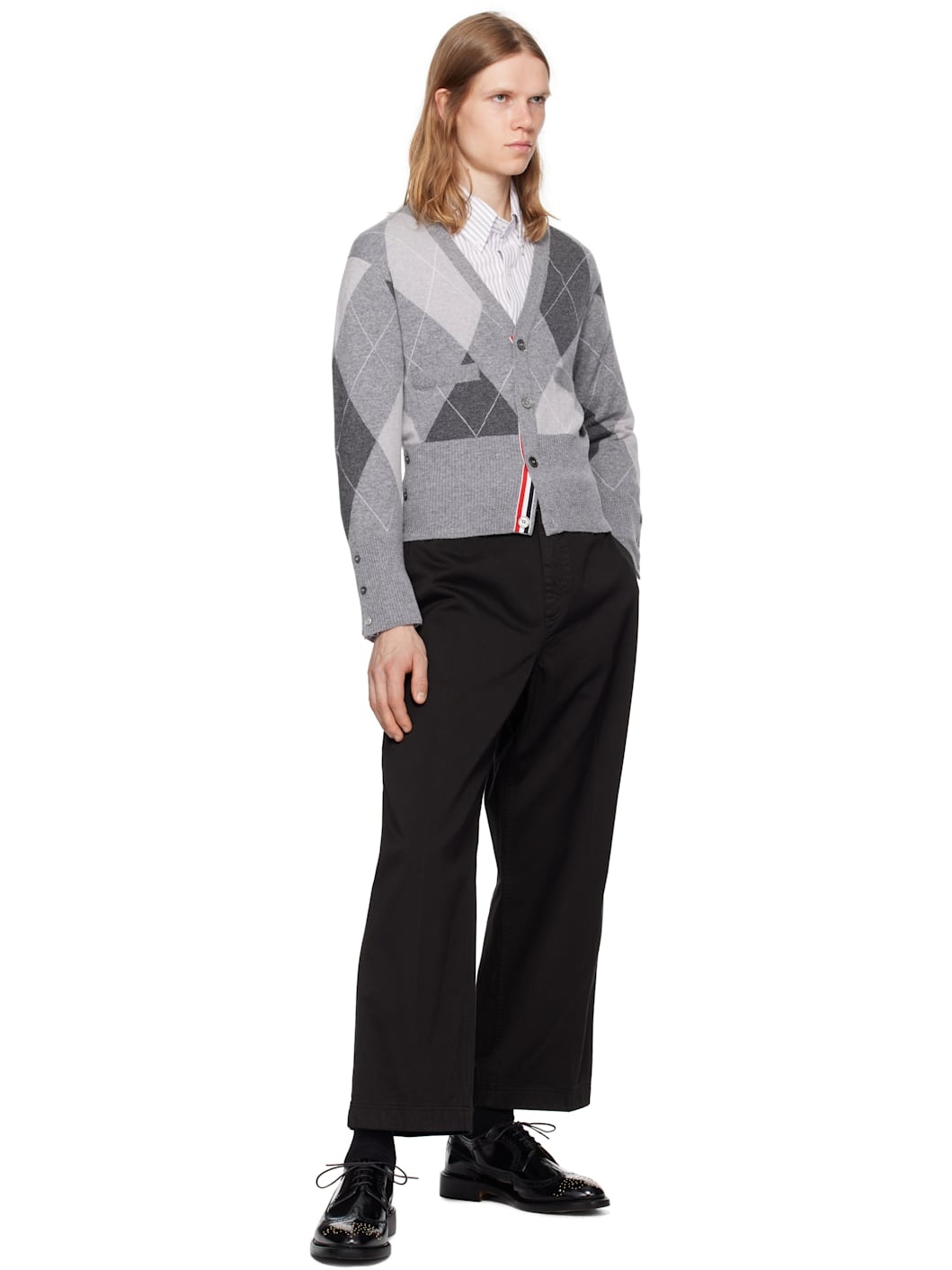 Gray Argyle Intarsia Cashmere V Neck Cardigan - 4