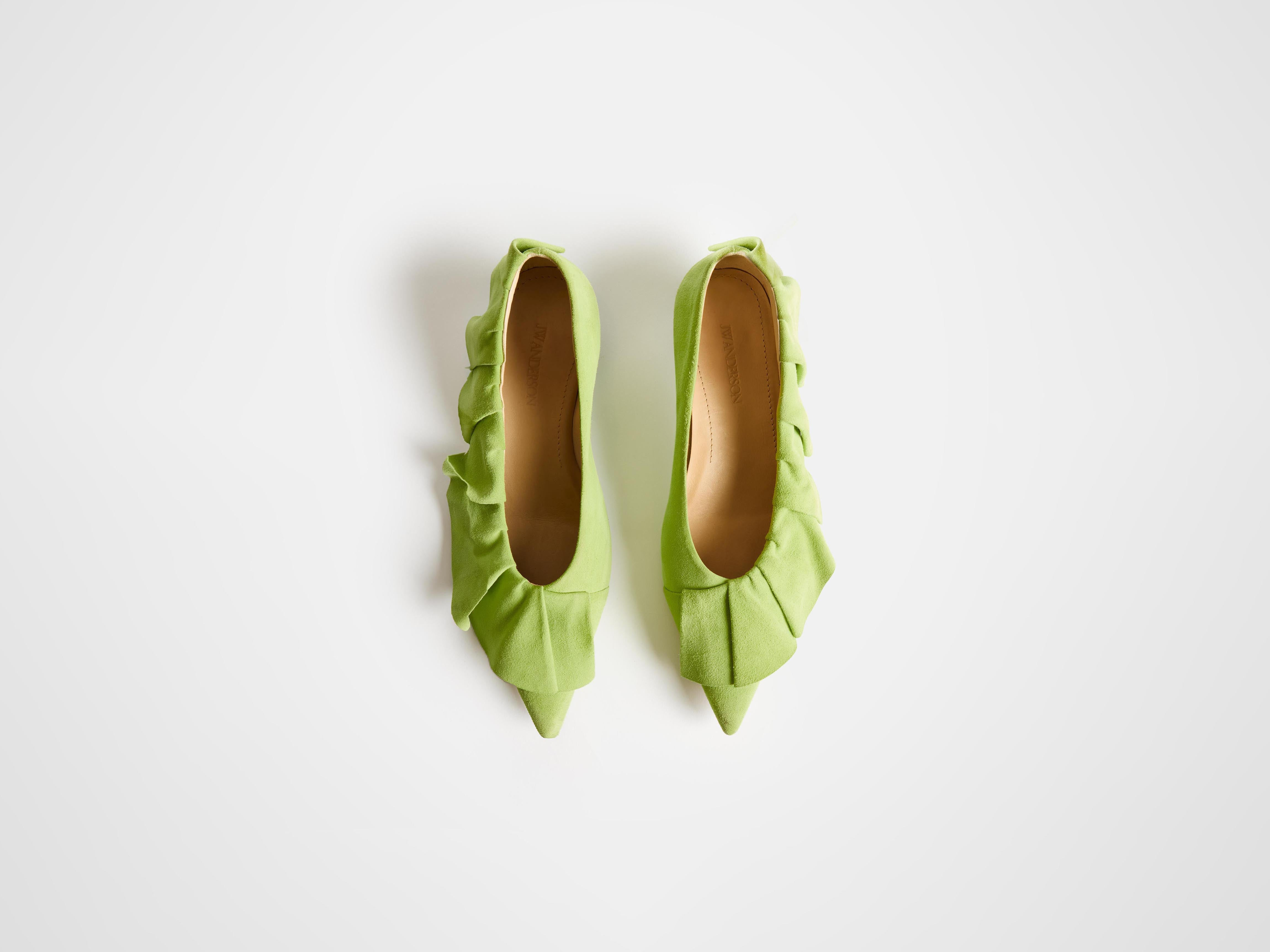 WOMENS RUFFLE BALLERINA FLATS IN LIME GREEN - 6