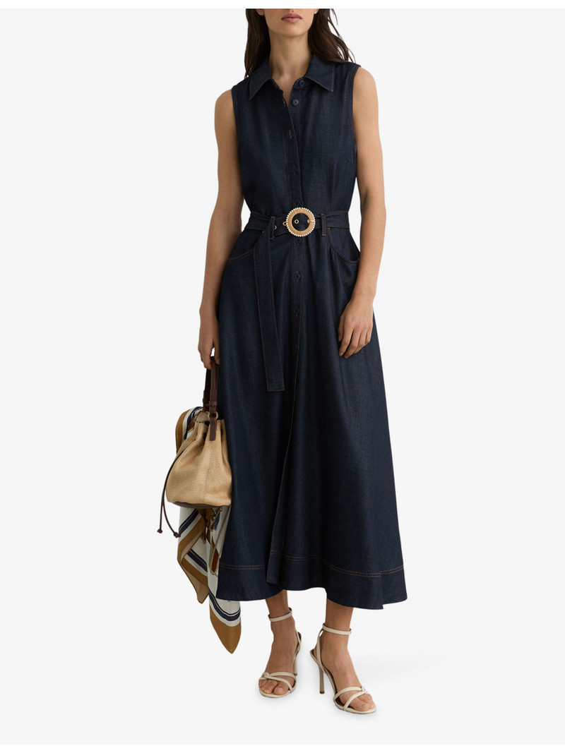 REISS Remi Belted-Waist Denim Midi Dress outlook