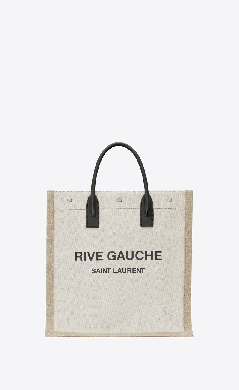 rive gauche north/south tote bag in printed linen and leather - 1