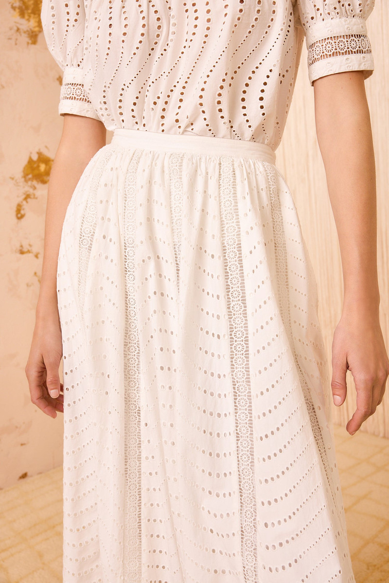 ULLA JOHNSON Ren High Waist Lace Trim Midi Skirt outlook