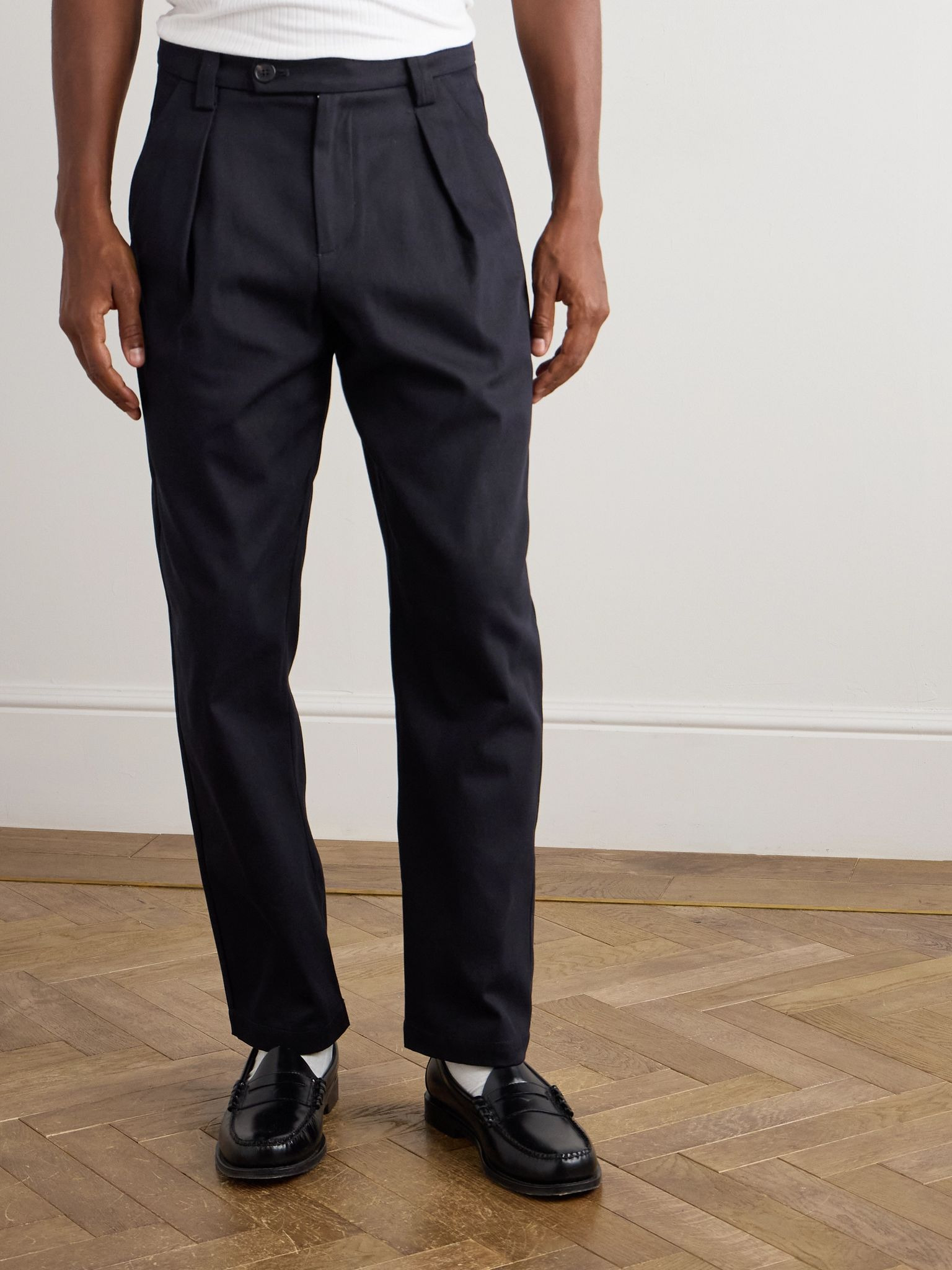 Renato Tapered Pleated Cotton and Wool-Blend Twill Trousers Blue - 3