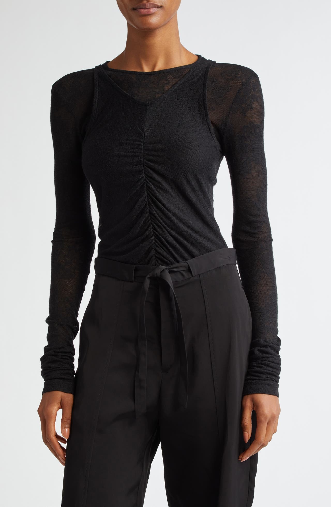 BITE Studios Chalet Ruched Semisheer Lace Top in Black at Nordstrom - 1