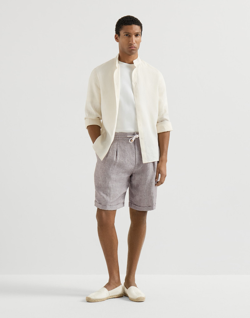 Brunello Cucinelli Linen and hemp diagonal Bermuda shorts with drawstring and double pleats outlook