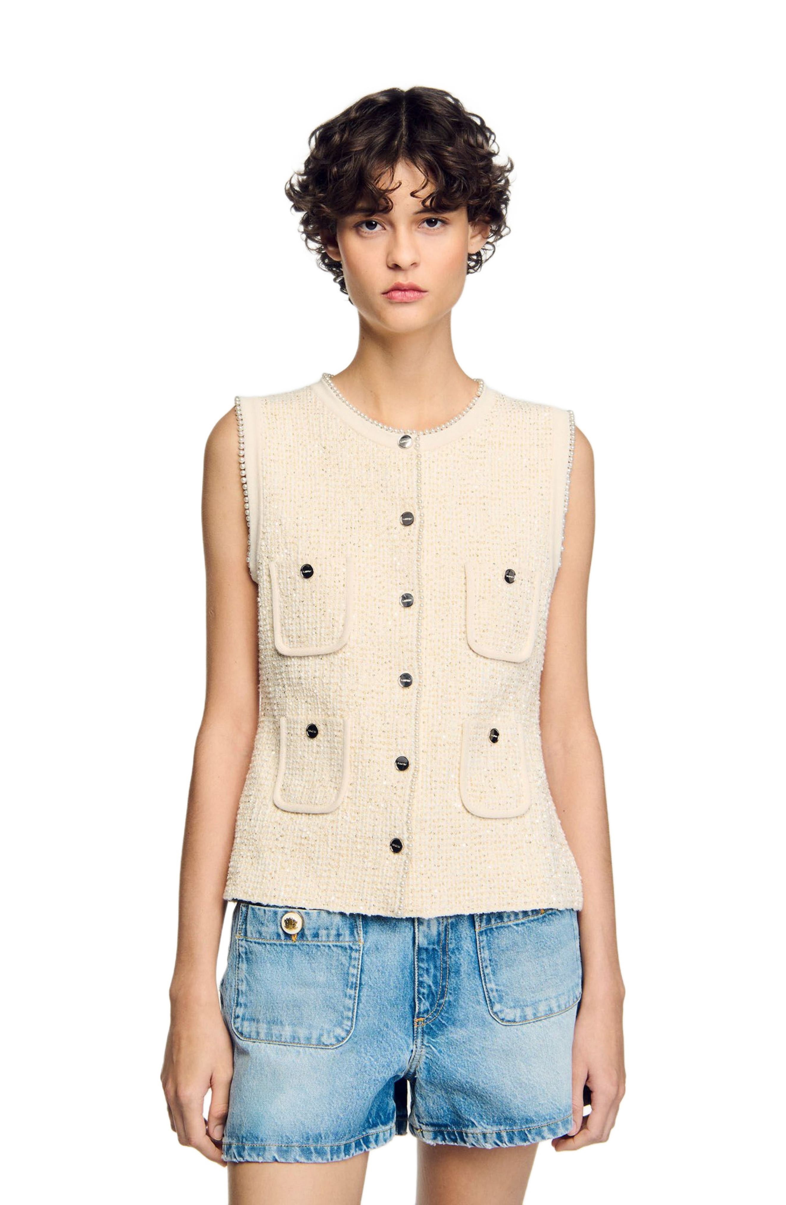 SANDRO Decorative tweed waistcoat in Ecru at Nordstrom - 3