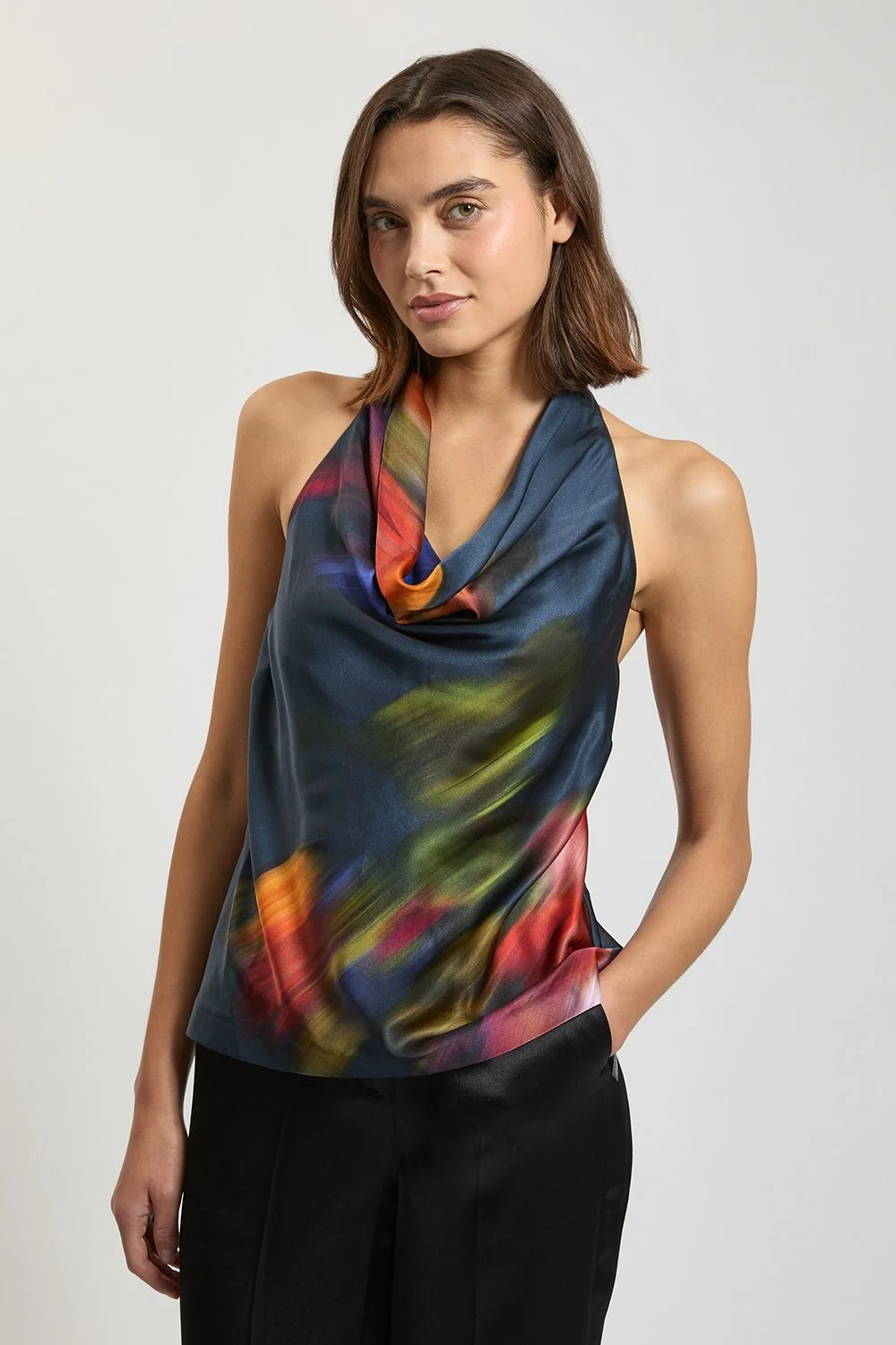 Satin Back Crepe Printed Cowl Neck Top - 1