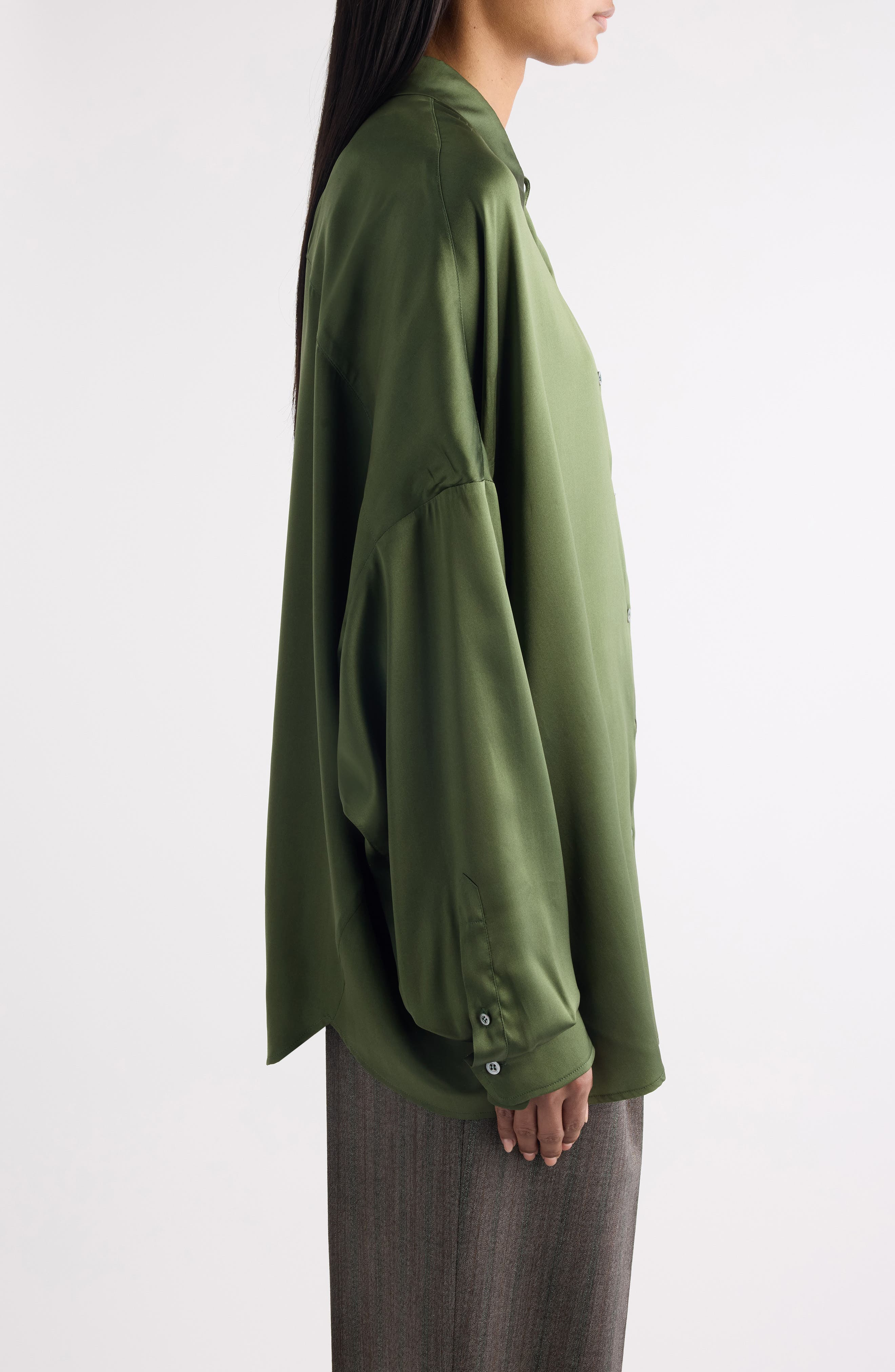 Dries Van Noten Casia Stretch Silk Button-Up Shirt in Khaki at Nordstrom - 4
