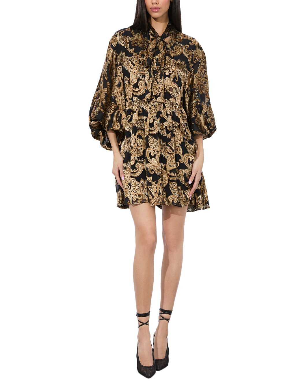 alice + olivia Opal Tie Neck Poet Sleeve Silk-Blend Tunic Dress - 1