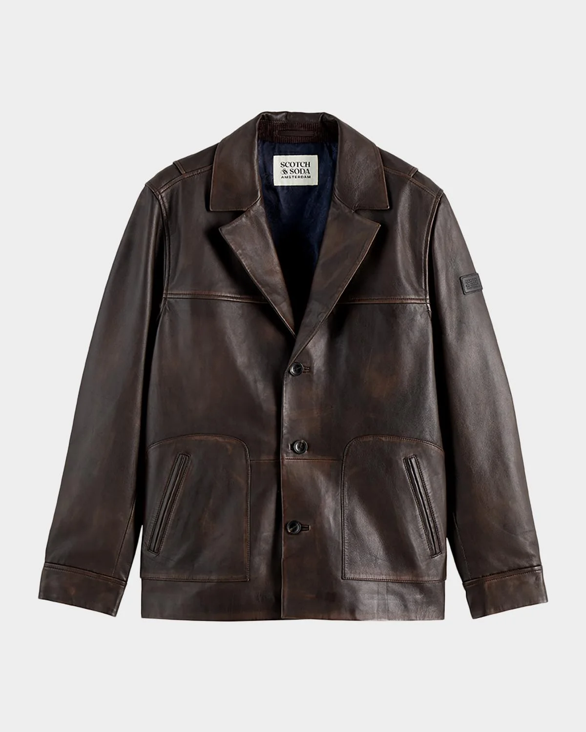 Men's Vintage-Treated Leather Blazer with Sleeve Label - 1