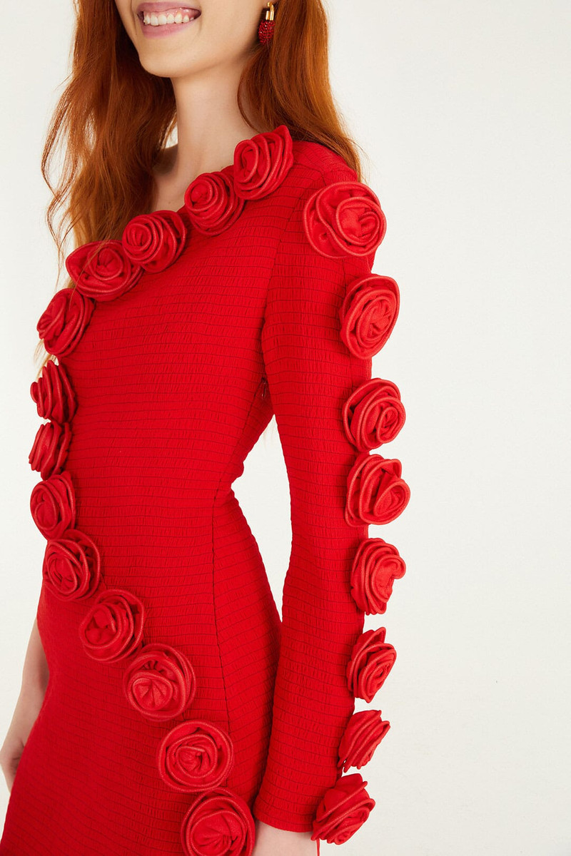 Red 3D Roses One-Shoulder Slim Mini Dress 4