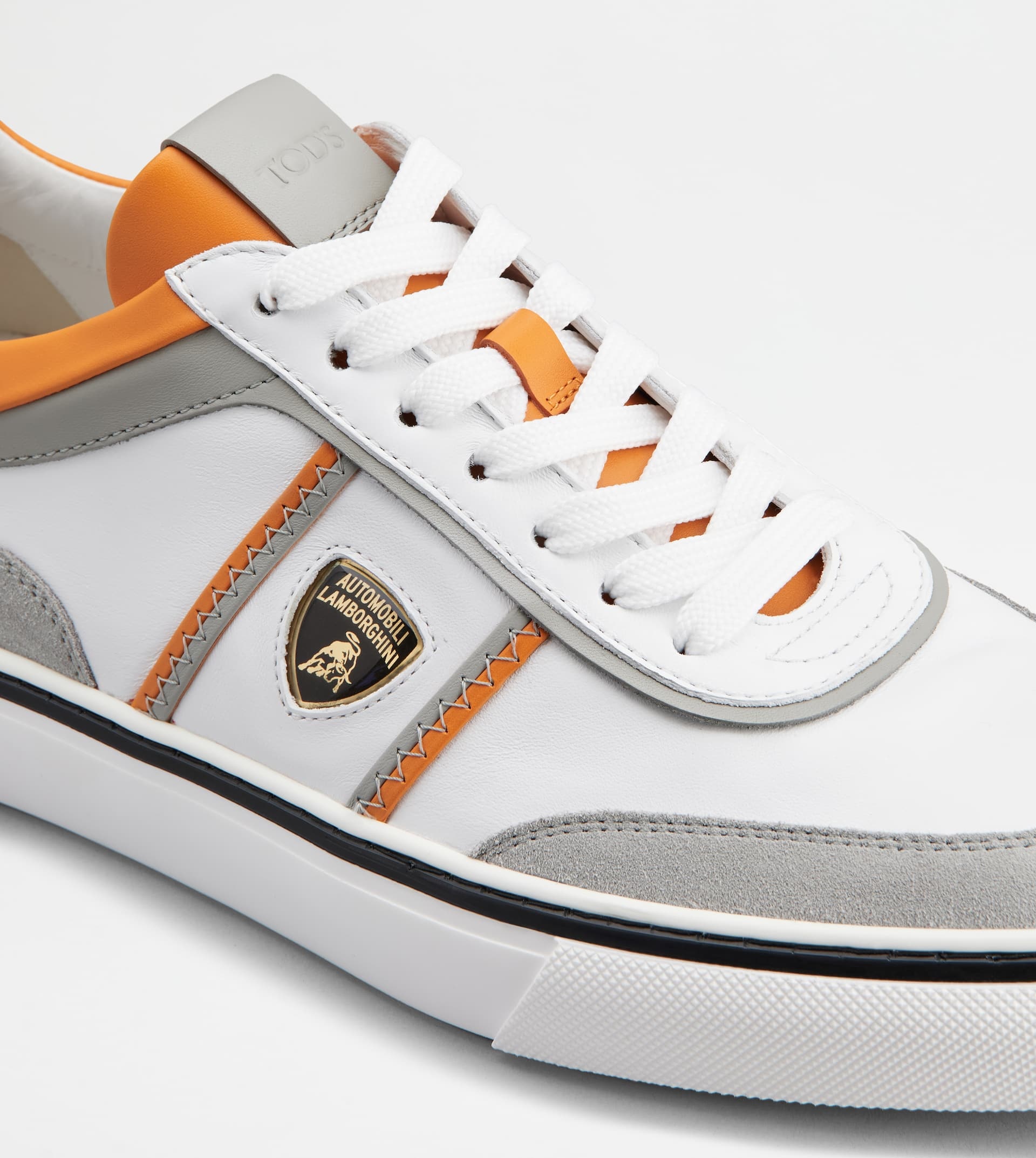 SNEAKERS IN LEATHER - GREY, WHITE, ORANGE - 5