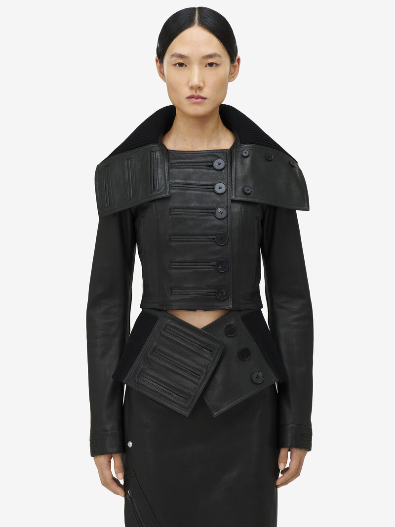 Alexander McQueen Exaggerated Buttonhole Leather Jacket outlook