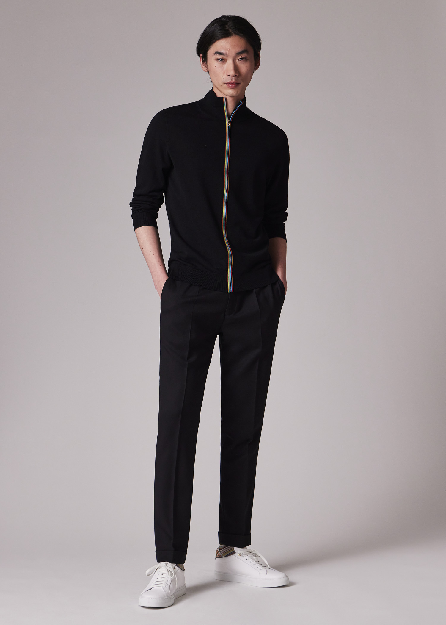 Black Washable Merino Wool 'Signature Stripe' Zip Cardigan - 6