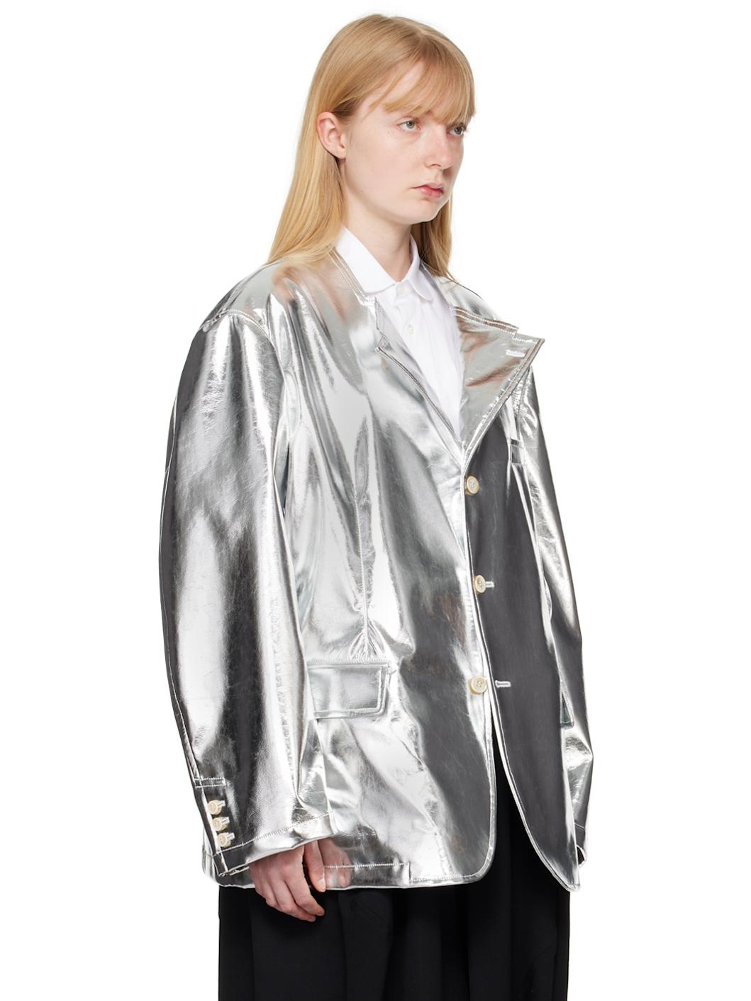 Silver Pocket Faux-Leather Blazer - 2