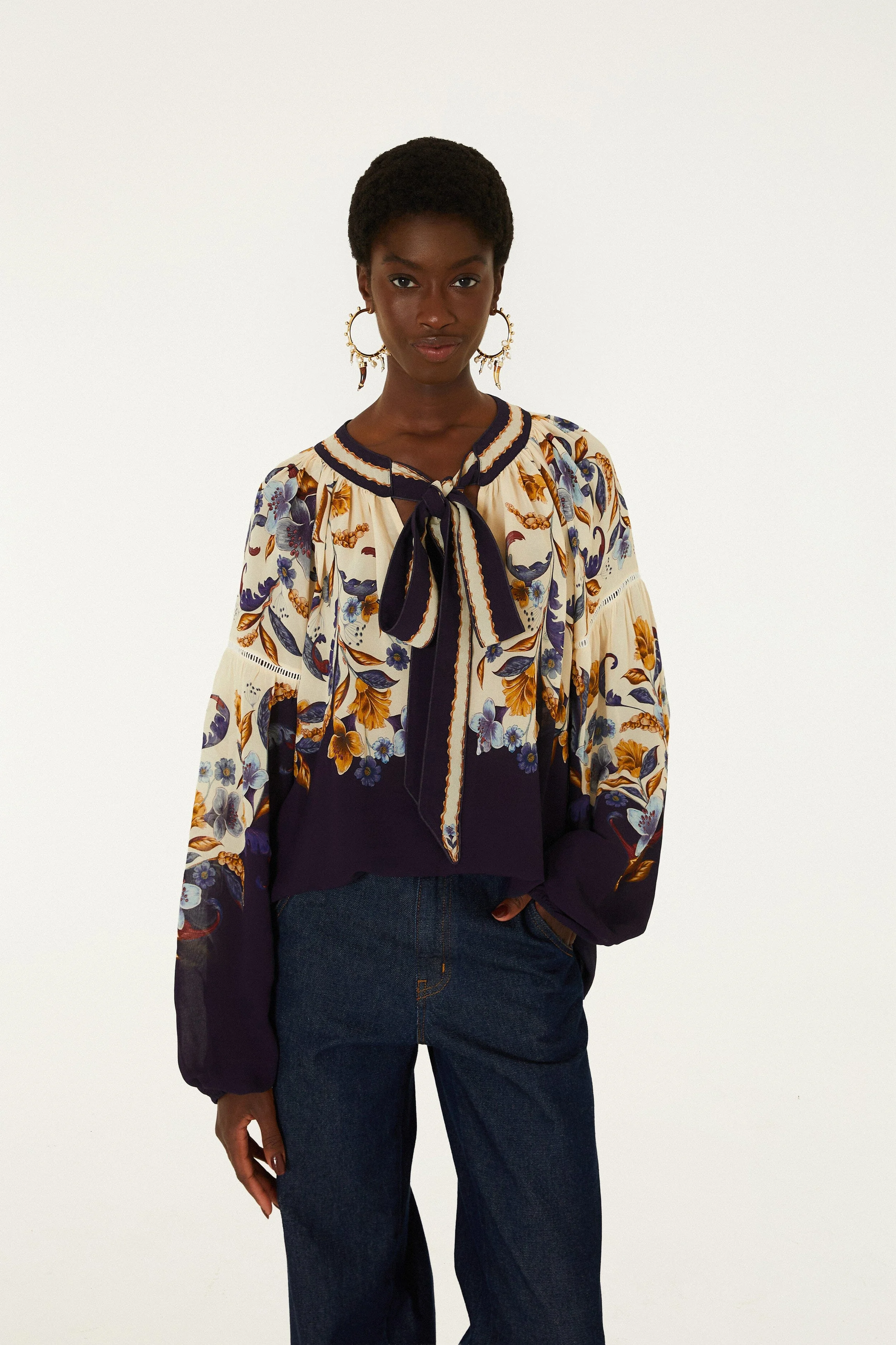 Golden Nature Ties Long Sleeve Blouse - 1
