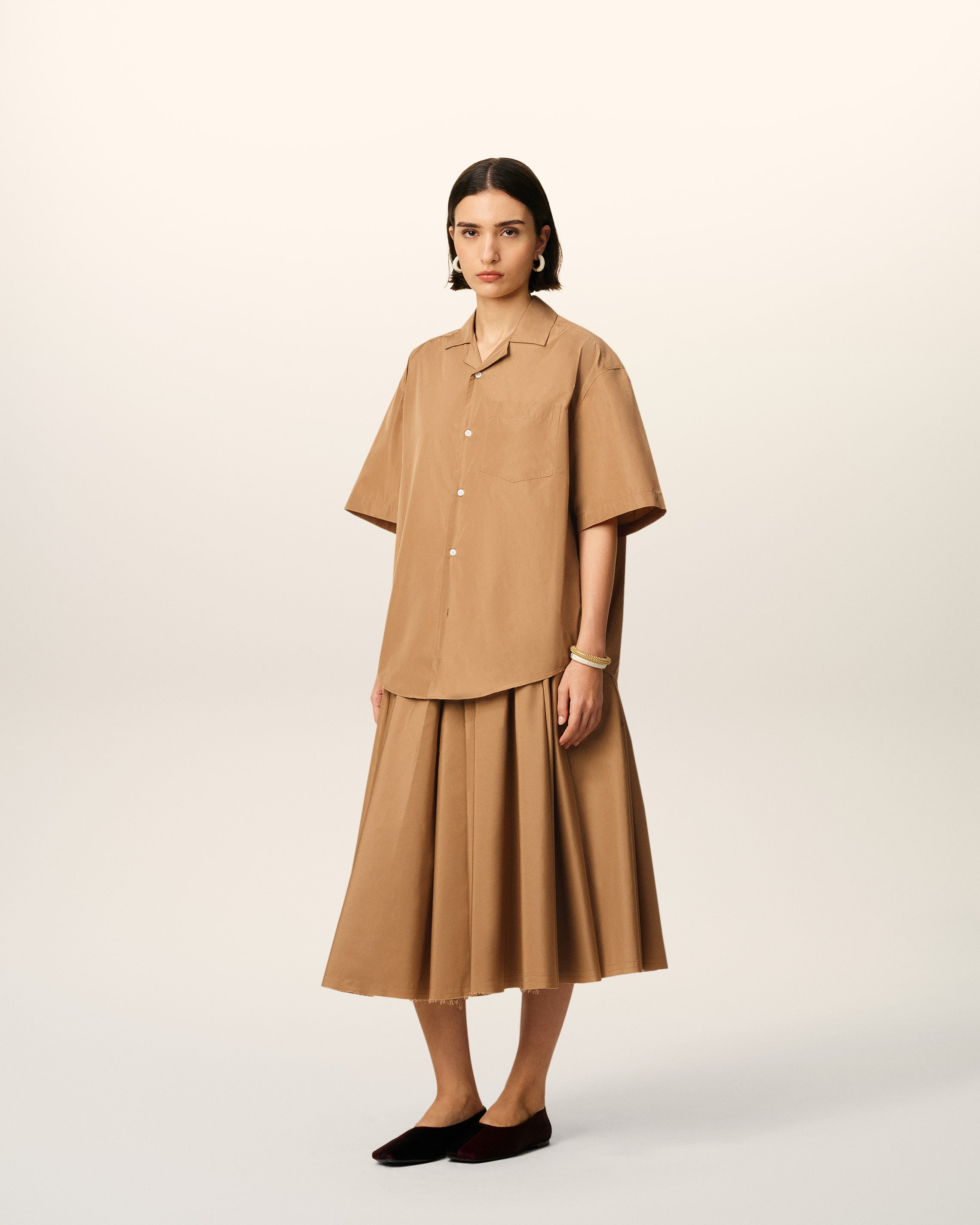 BROWN TAFFETASS SHORT SLEEVED BOXY SHIRT - 6
