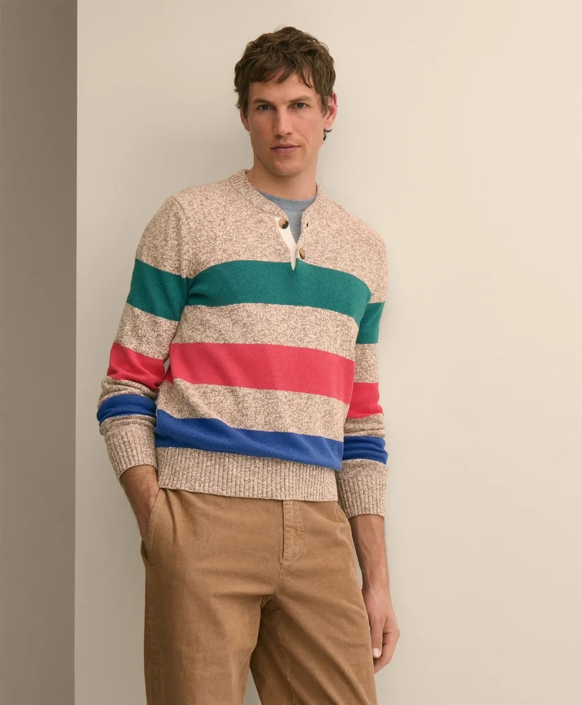 Cotton Rugby Stripe Marled Henley Sweater - 1