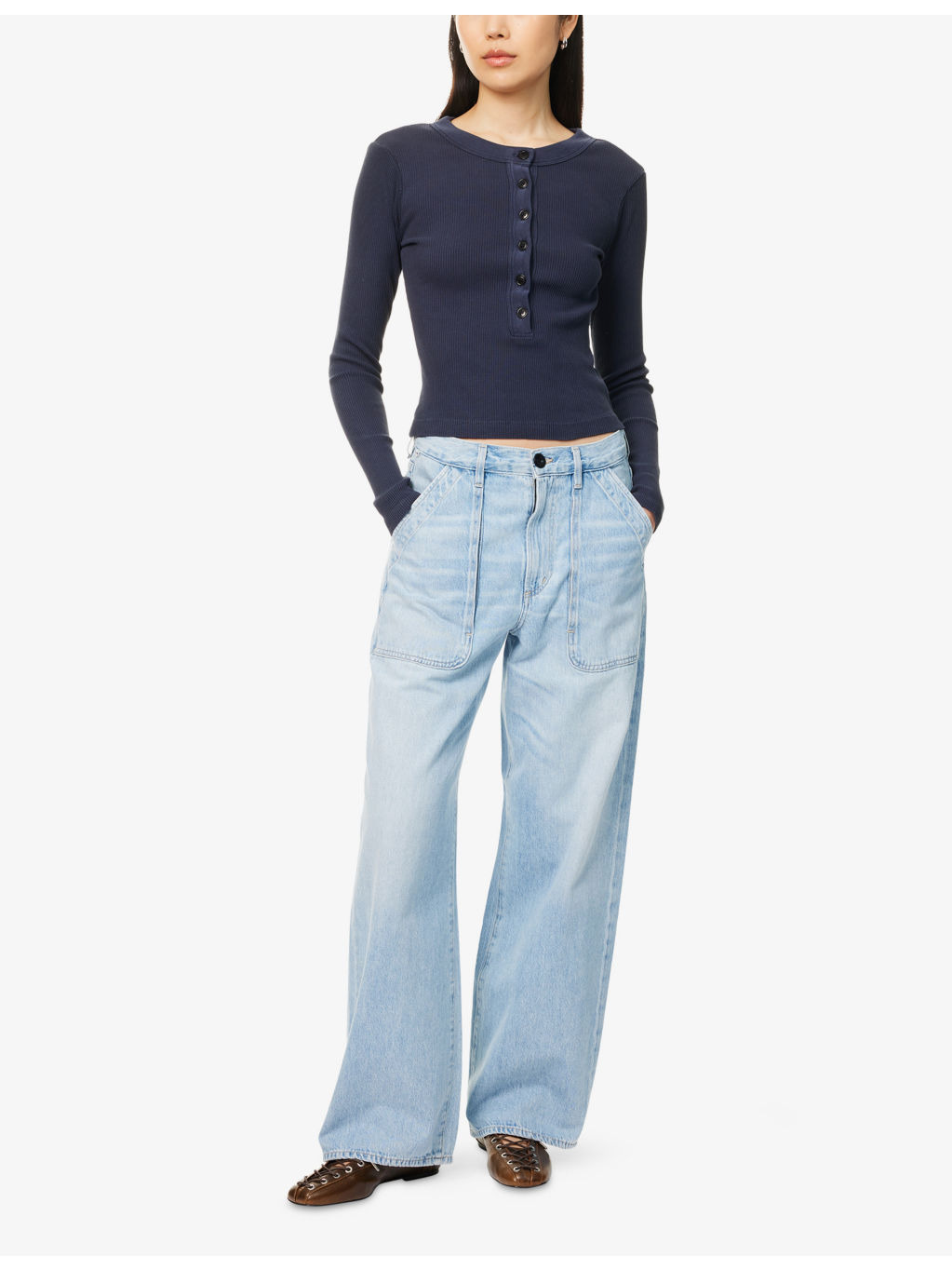 Ayla Wide-Leg Baggy-Fit Cargo-Pocket Denim Jeans - 2