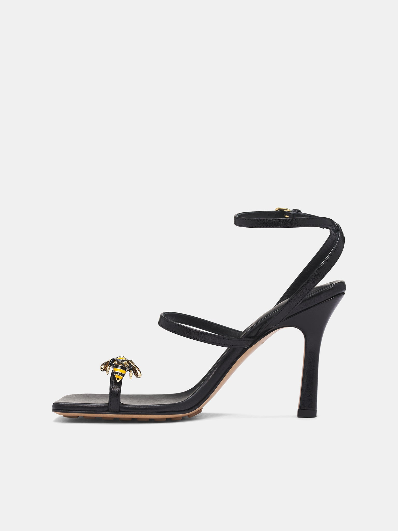 Black Leather Bee Strappy Heels - 3