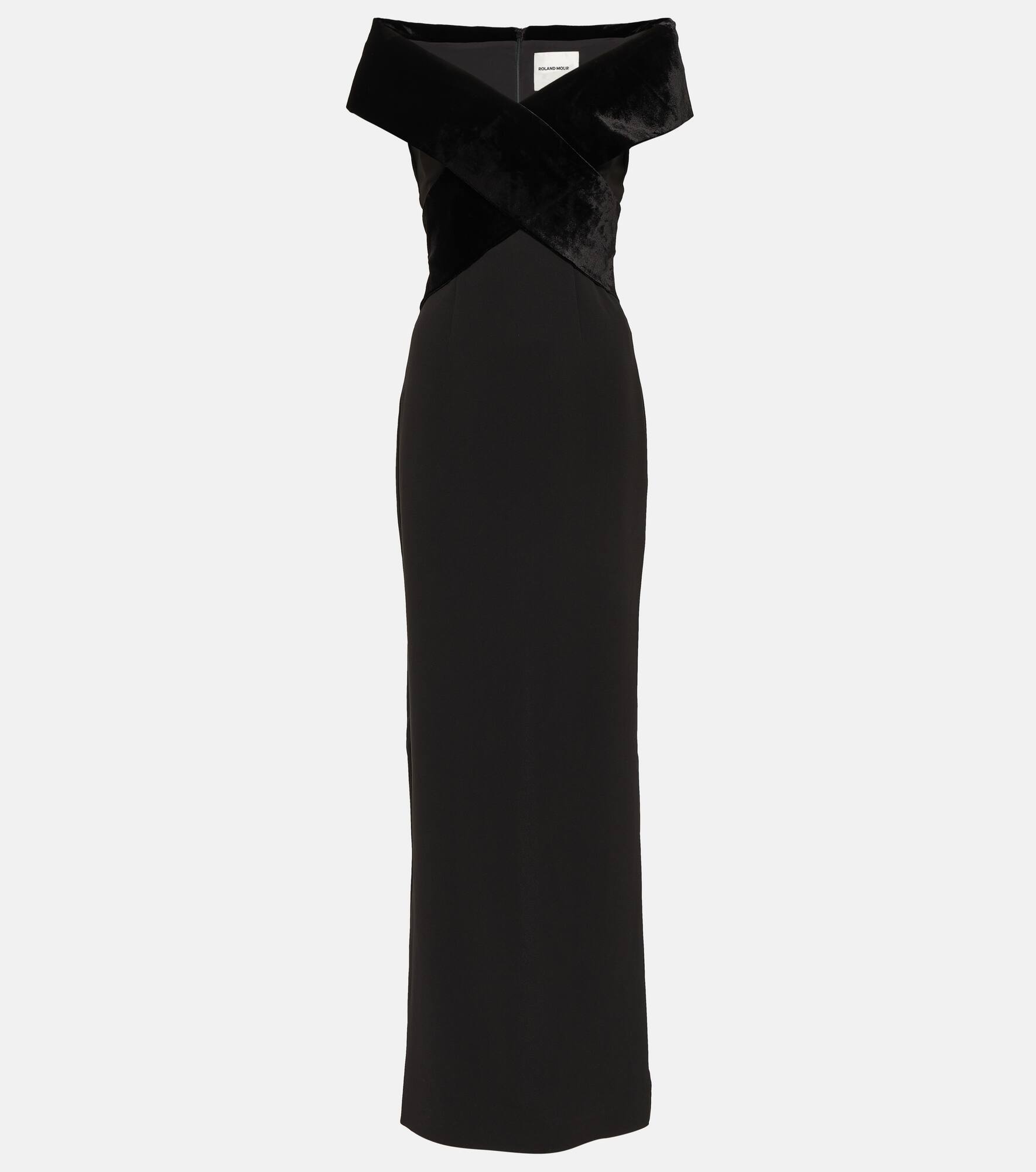 Off-shoulder velvet-trimmed cady gown - 1