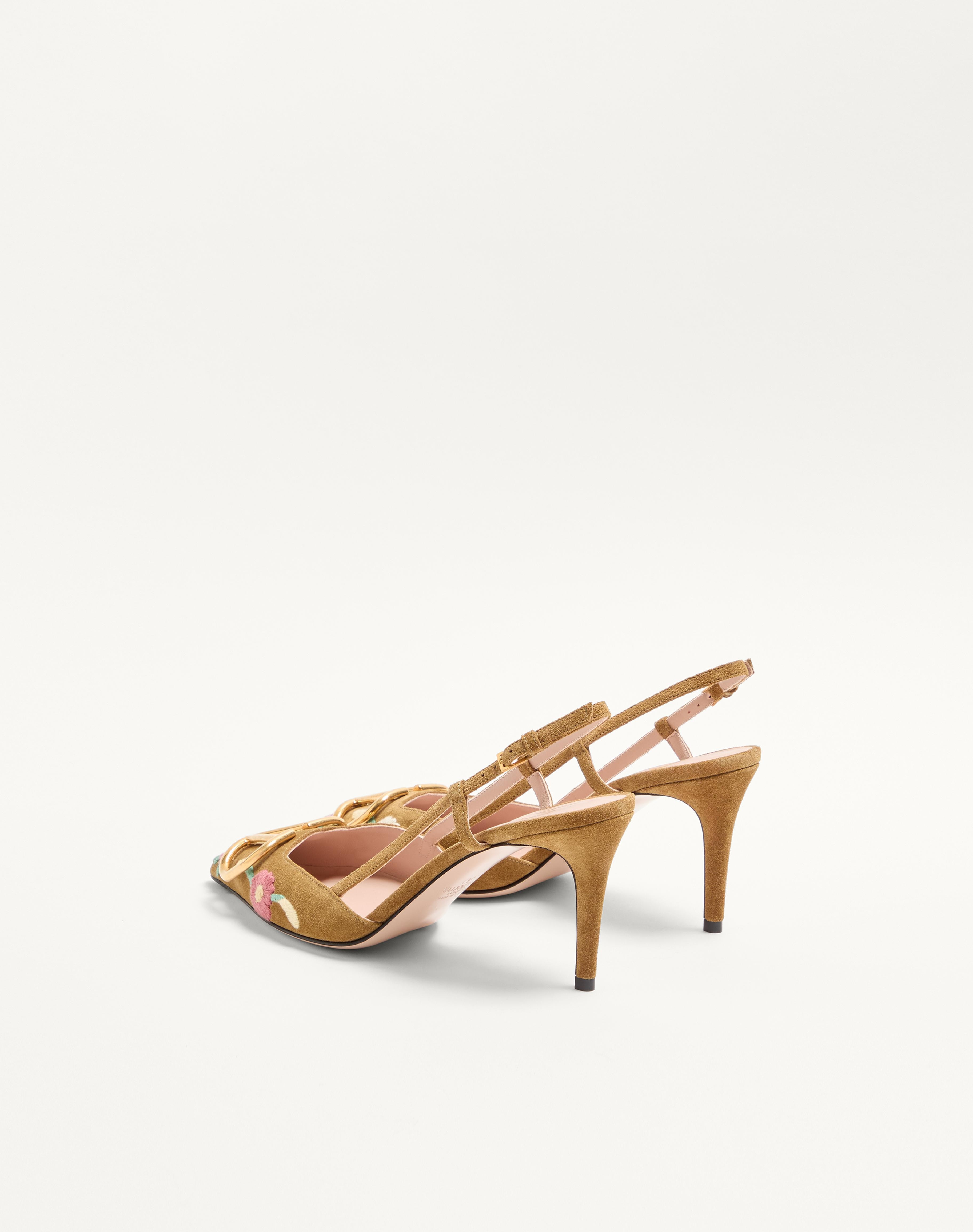 VLOGO SIGNATURE SLINGBACK PUMP IN CRUST LEATHER WITH FLORAL EMBROIDERY 80MM - 5