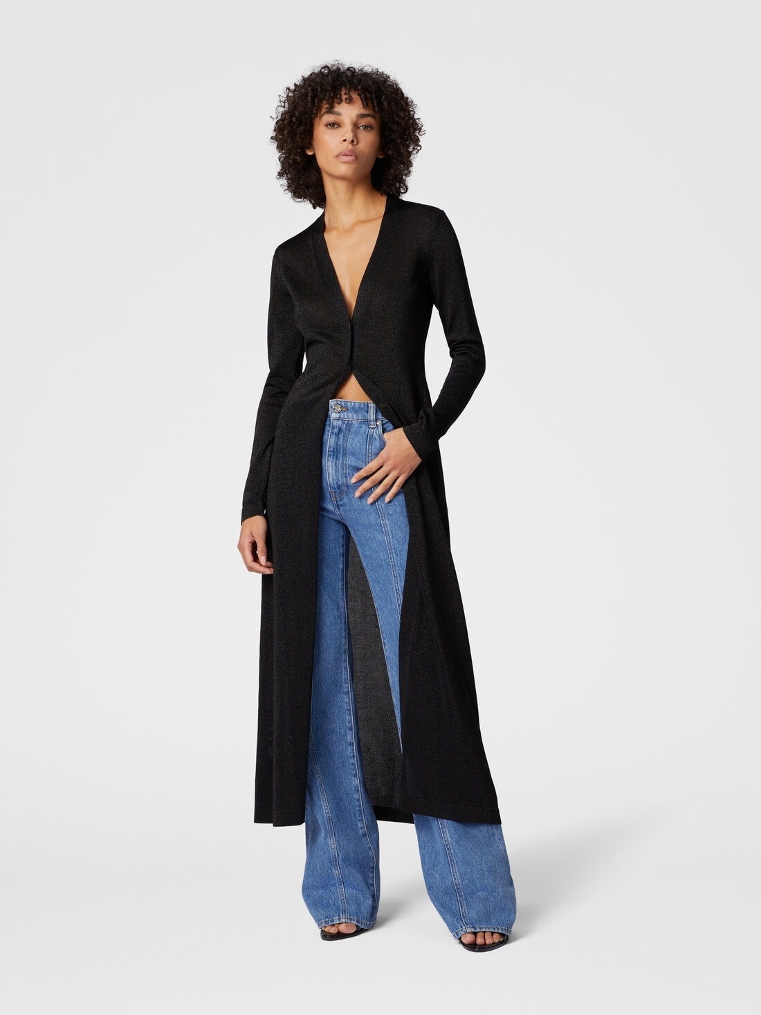Long lamé viscose cardigan with V-neck - 2