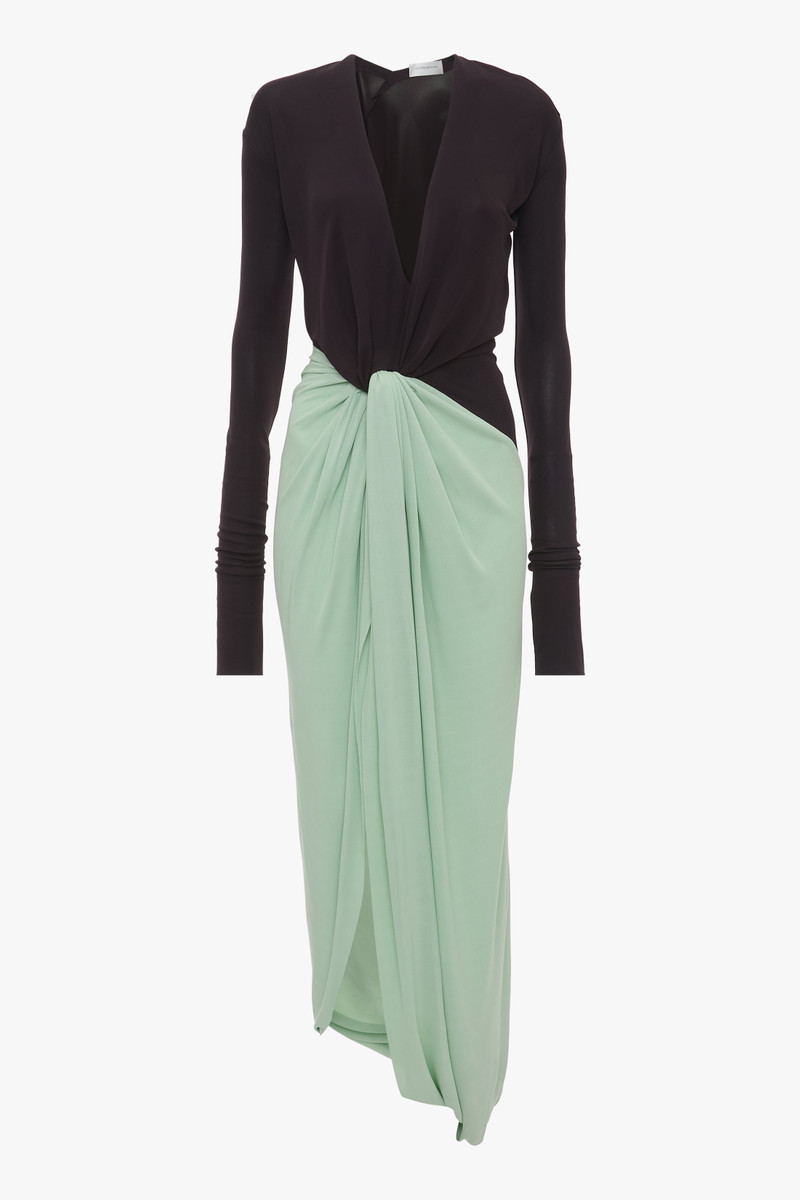 Long Sleeve Knot Detail Jersey Gown In Ebony-Jade - 1