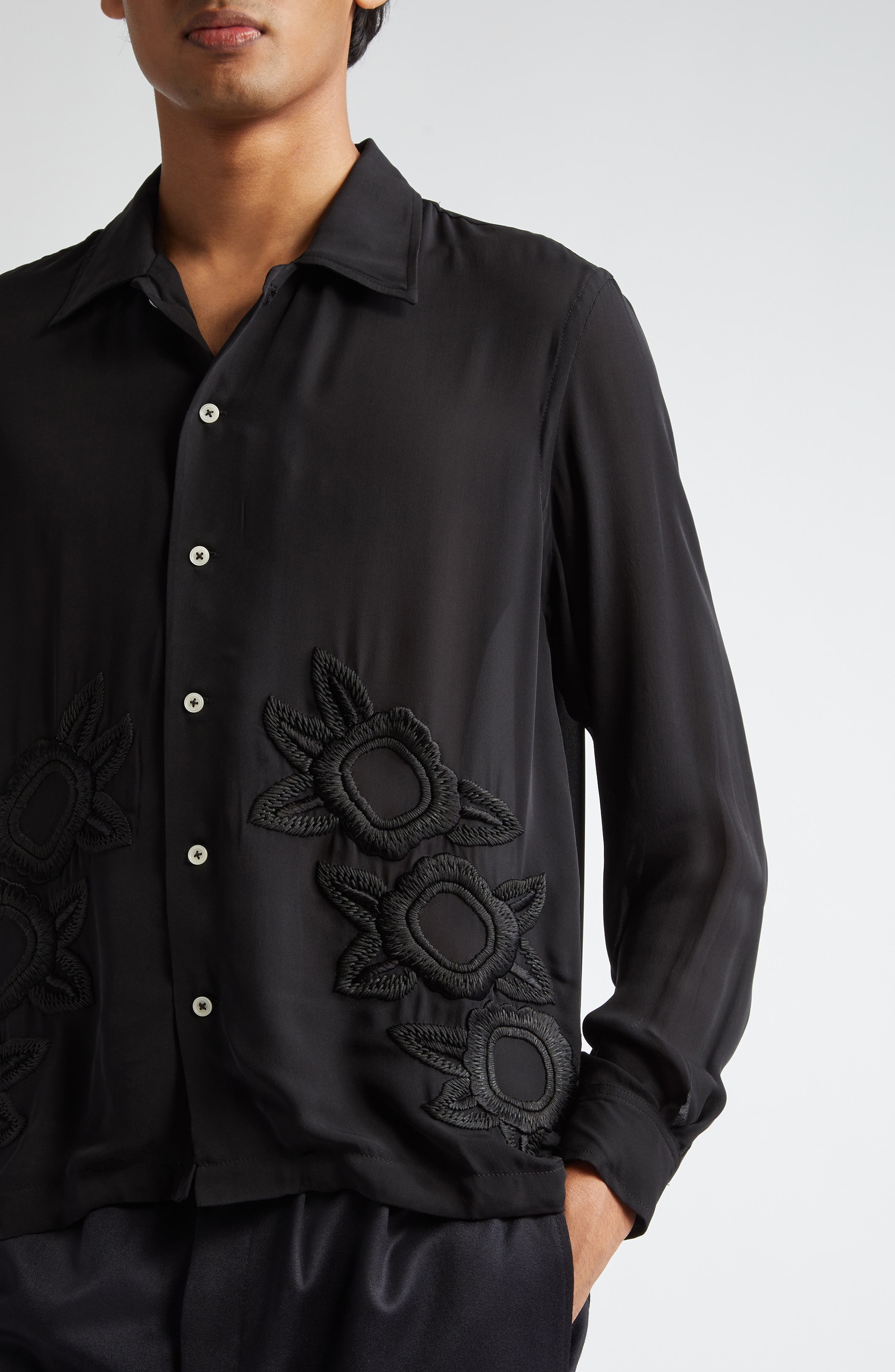 Bode Midnight Daffodil Long Sleeve Silk Button-Up Shirt in Black at Nordstrom - 5