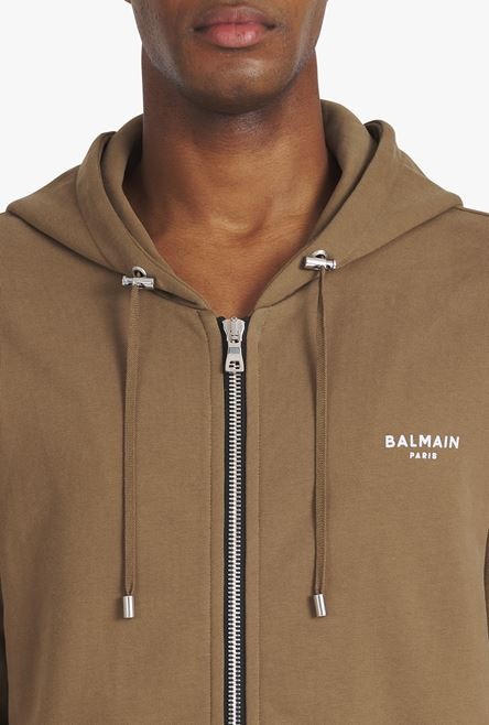 Taupe eco-designed cotton sweatshirt with small flocked white Balmain logo - 6