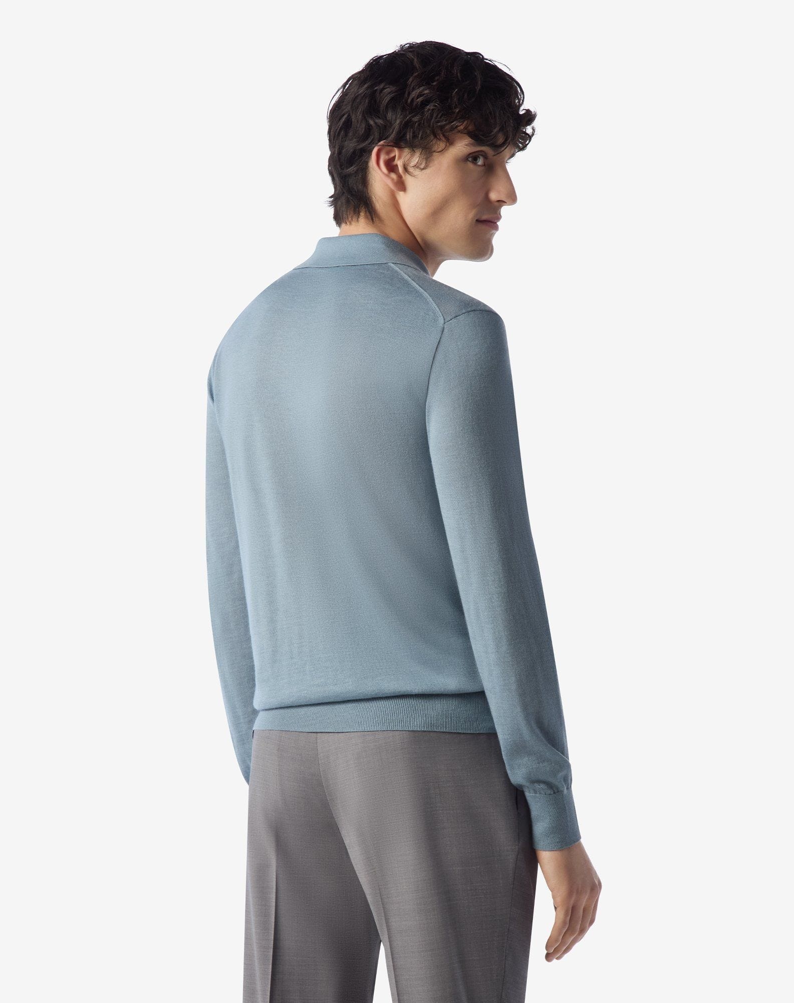 Light blue long sleeve cashmere and silk polo shirt - 4
