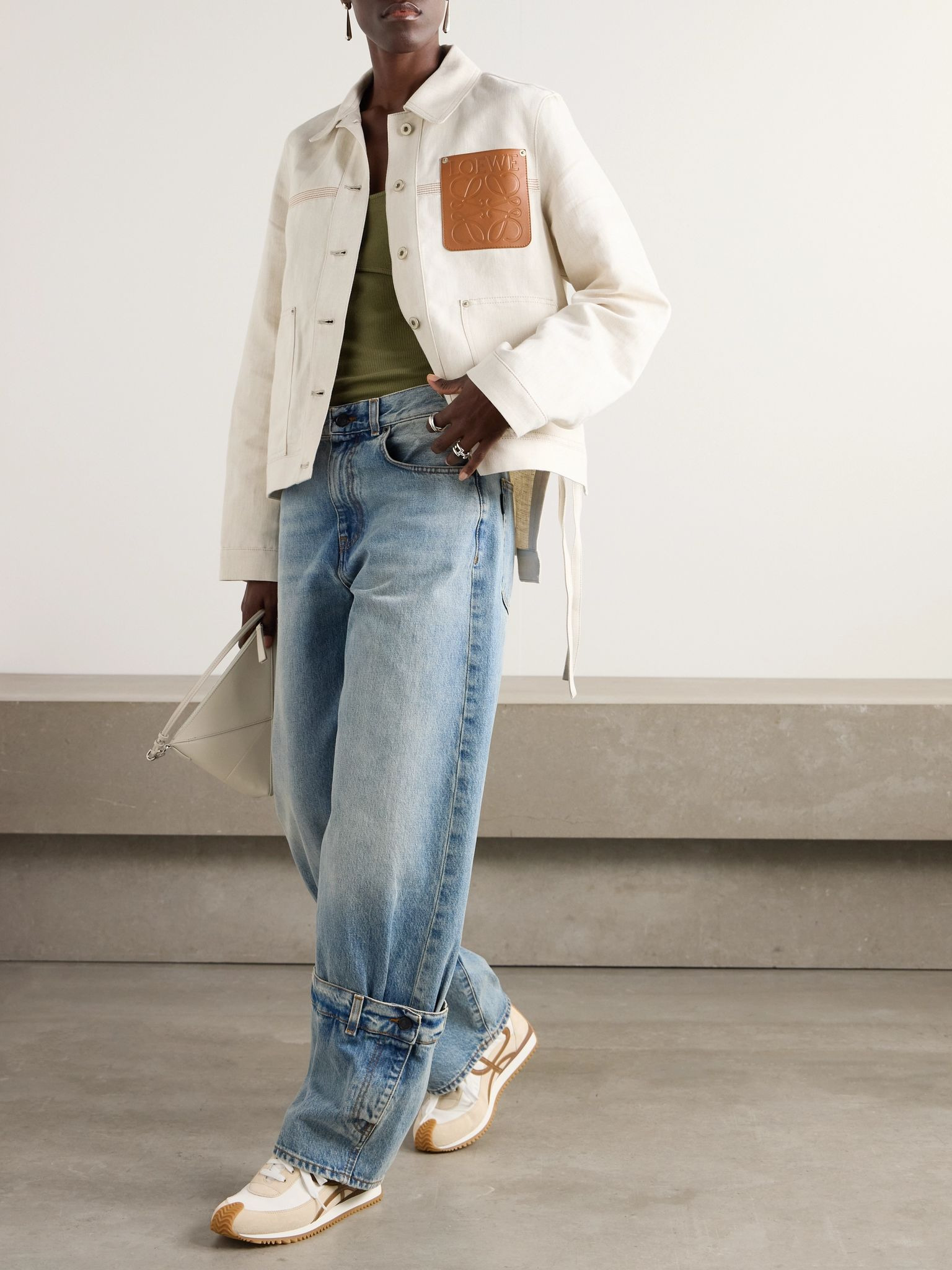 Asymmetric leather-trimmed cotton and linen-blend drill jacket Cream - 2