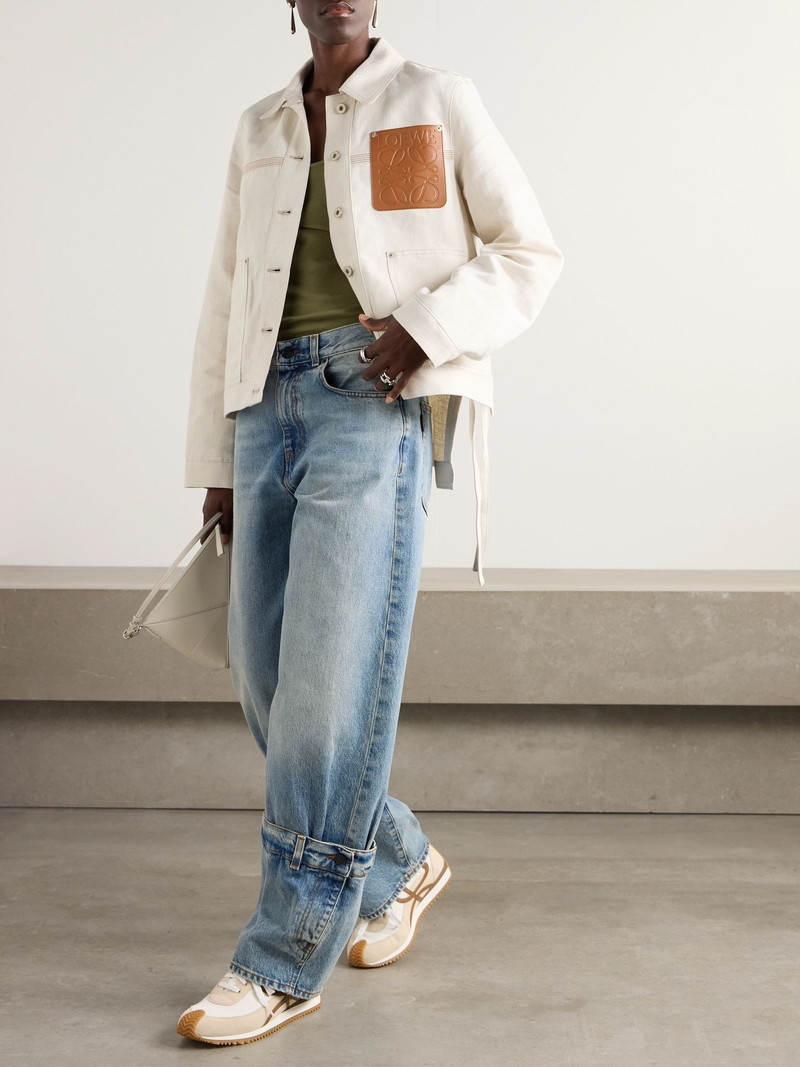 Loewe Asymmetric leather-trimmed cotton and linen-blend drill jacket Cream outlook