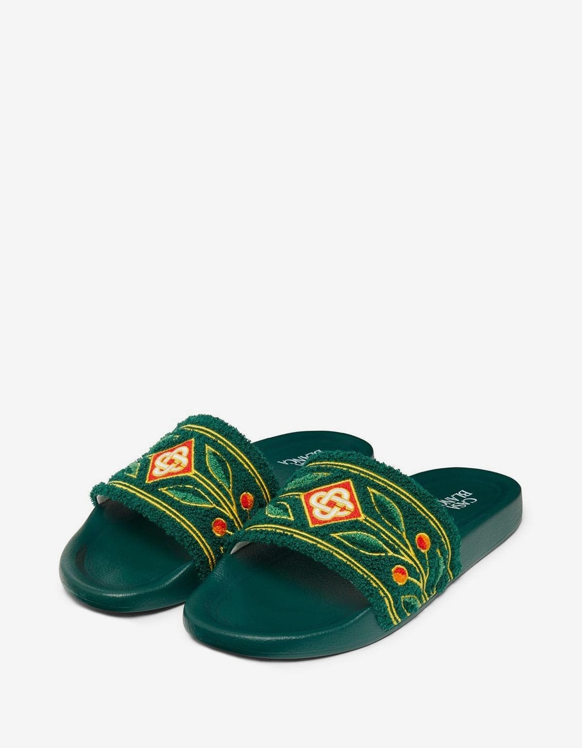 Green Embroidered Terry Slider Sandals - 1