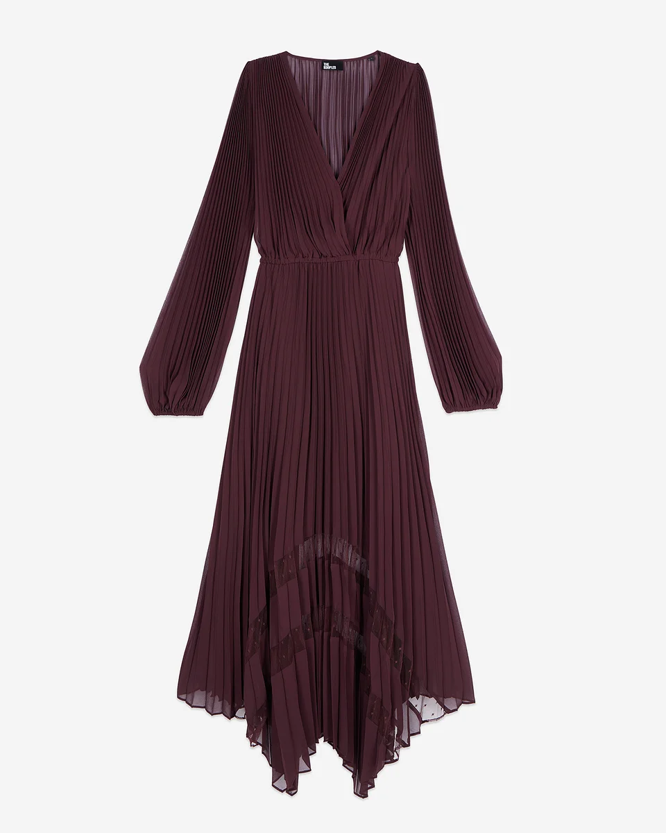 LONG BURGUNDY PLEATED DRESS - 1