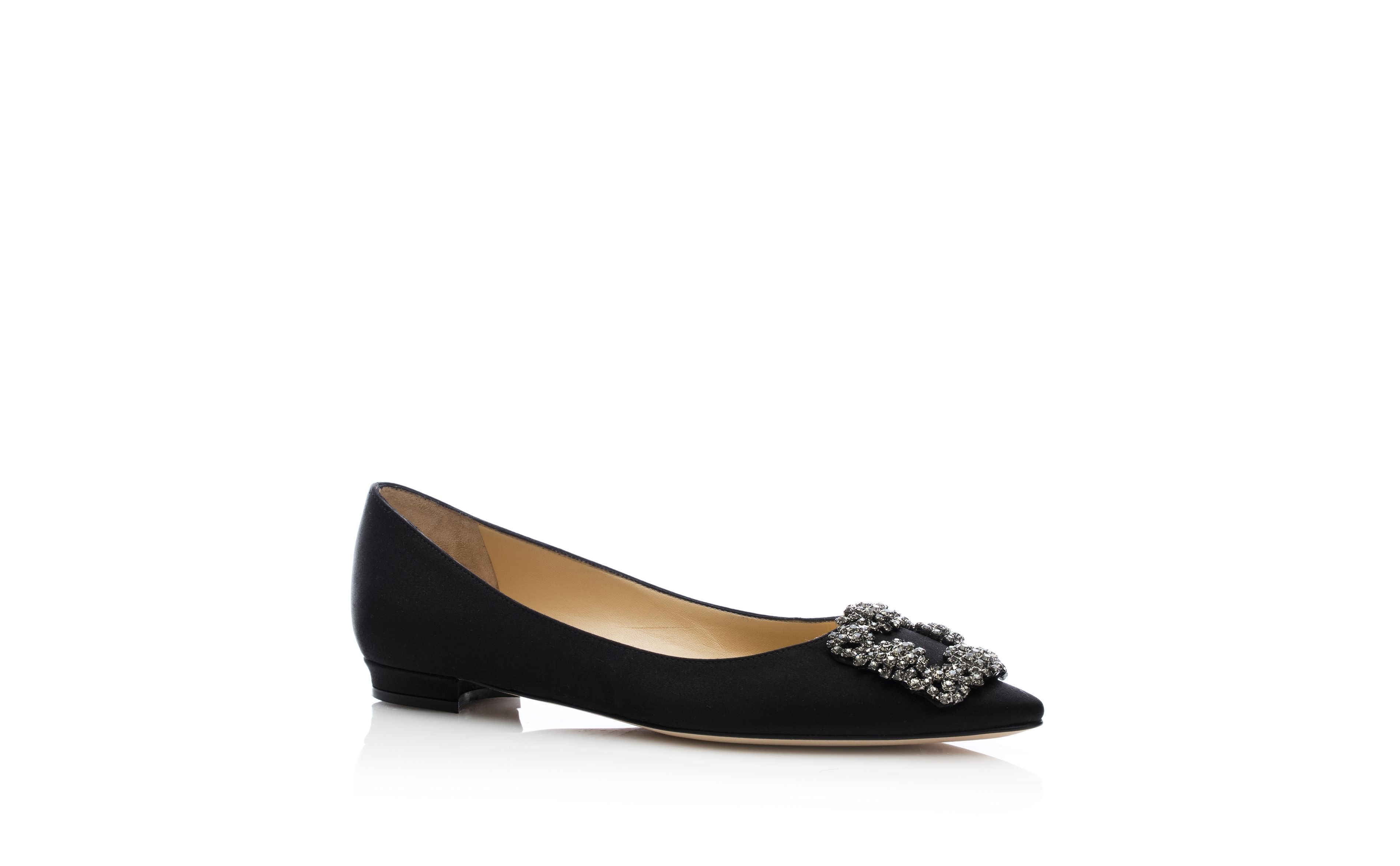 Black Satin Jewel Buckle Flat Shoes - 3