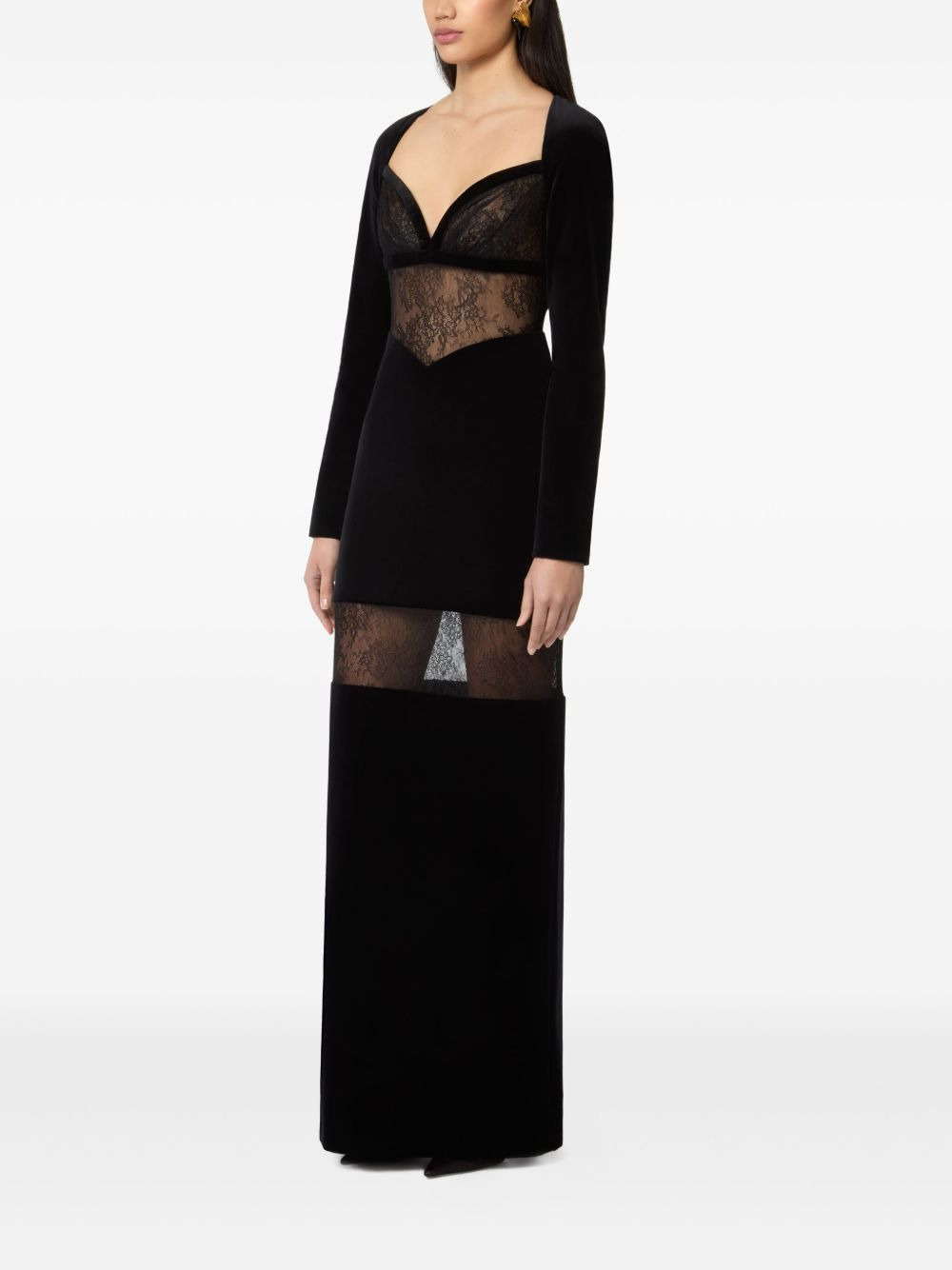 velvet lace-insert dress - 3