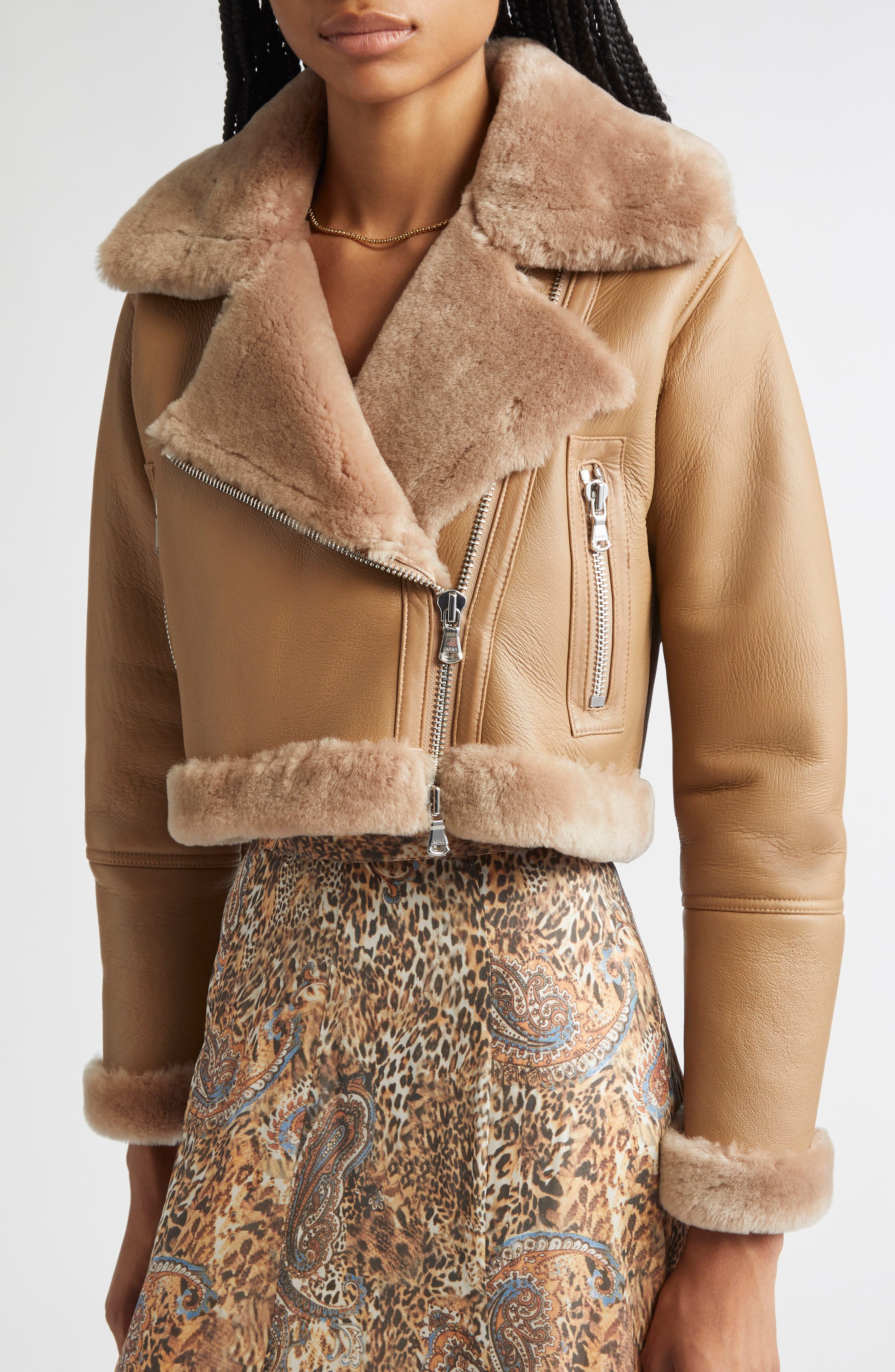 L'AGENCE Pike Leather & Genuine Shearling Crop Jacket in Chanterelle at Nordstrom - 5