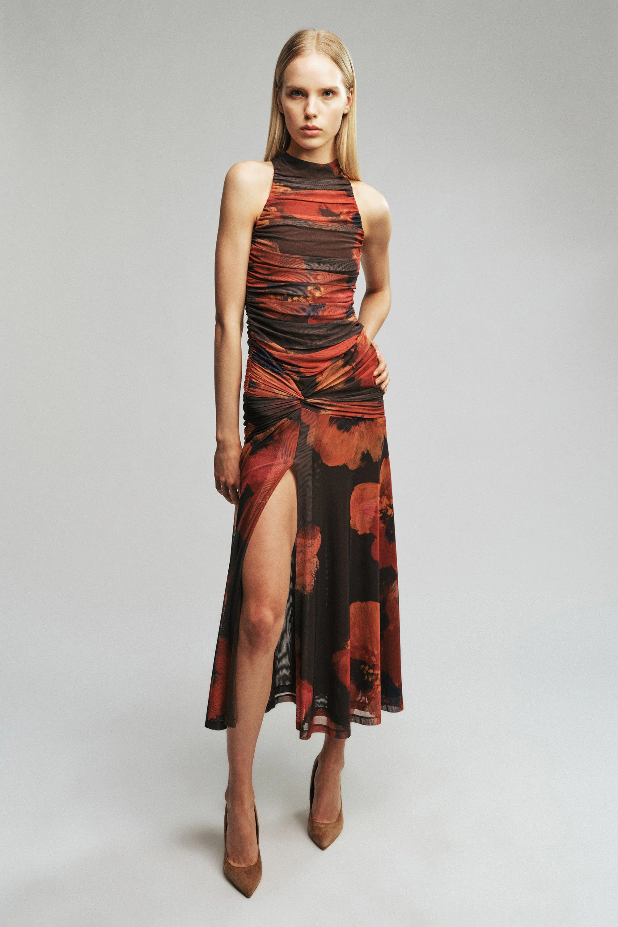Natalya Mesh Midi Dress In Earth Red - 1