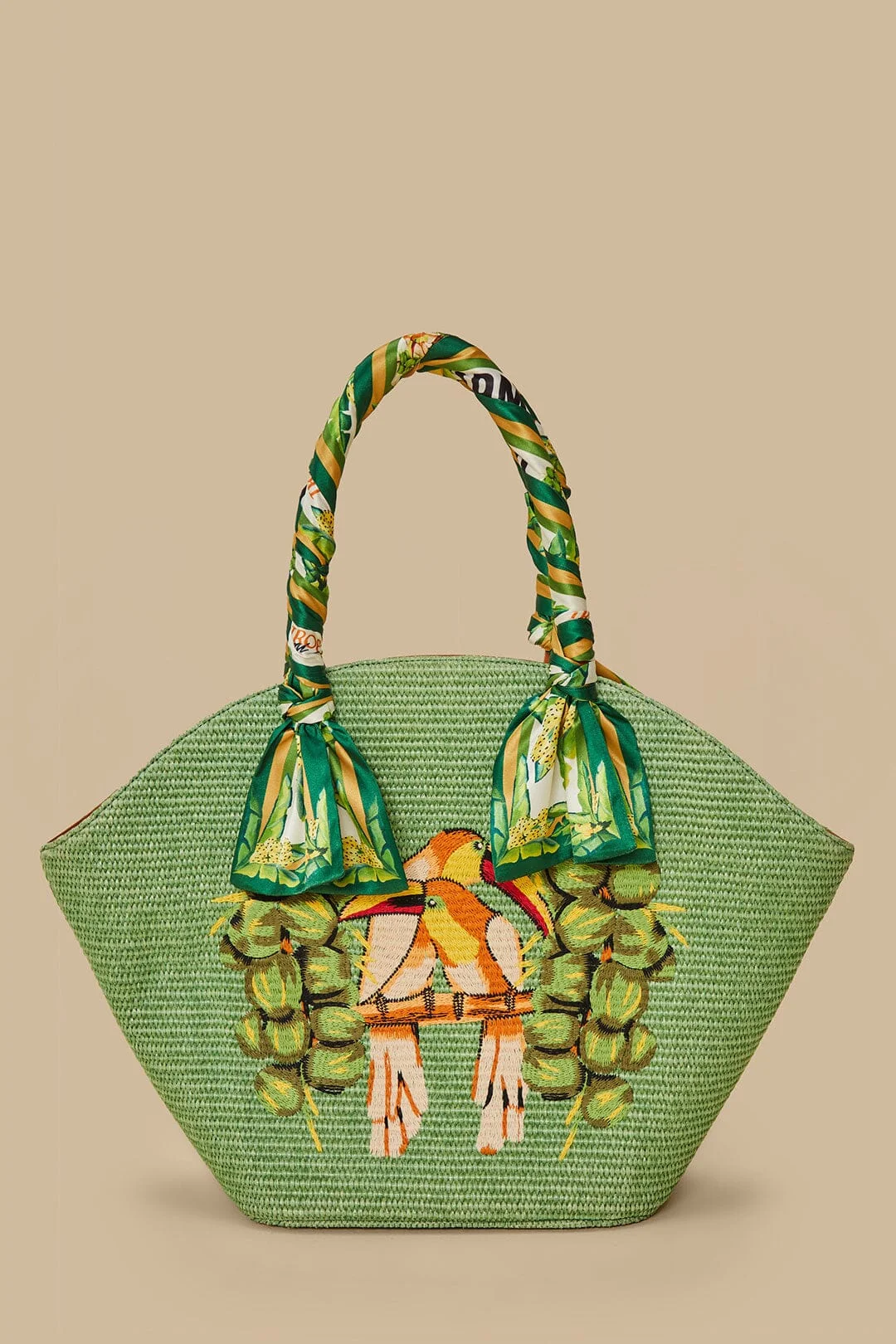 Green Coconut Toucan Raffia Shell Tote - 1