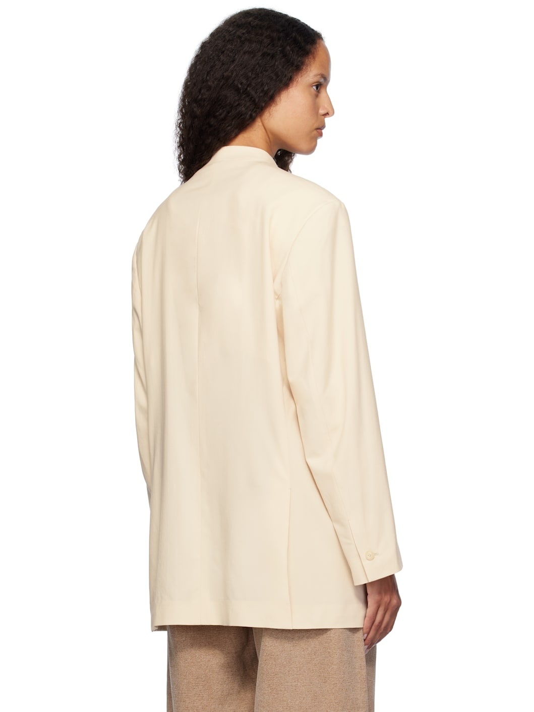Beige Tropical Wool No Collar Blazer - 3