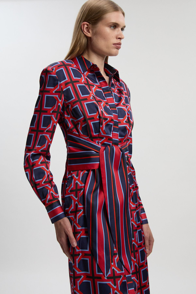 KAREN MILLEN Geo Print Hammered Satin Tie Waist Woven Midi Dress outlook