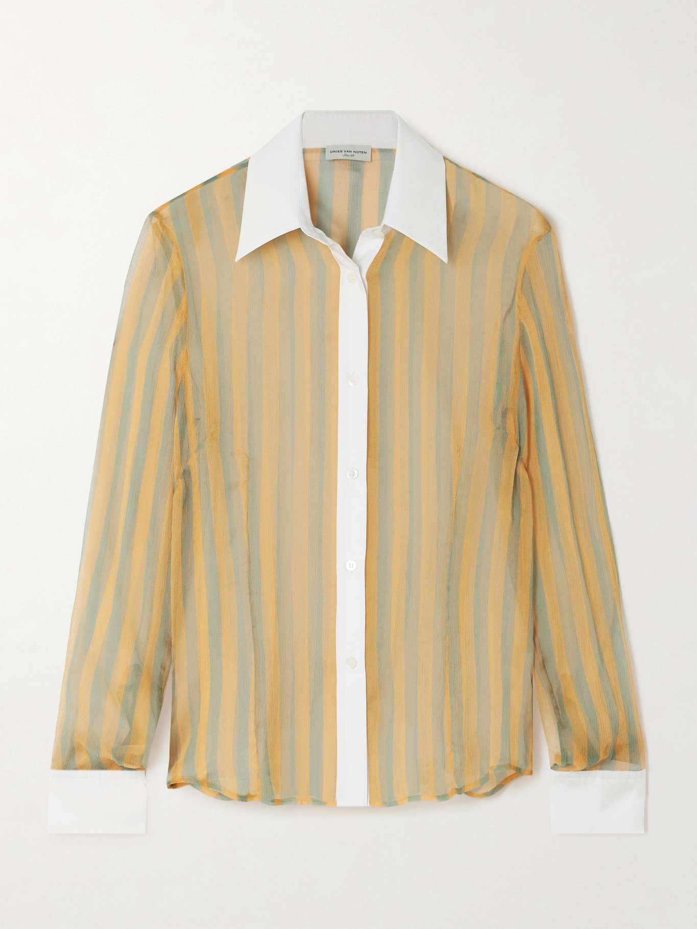 Poplin-trimmed striped crinkled silk-chiffon shirt - 1