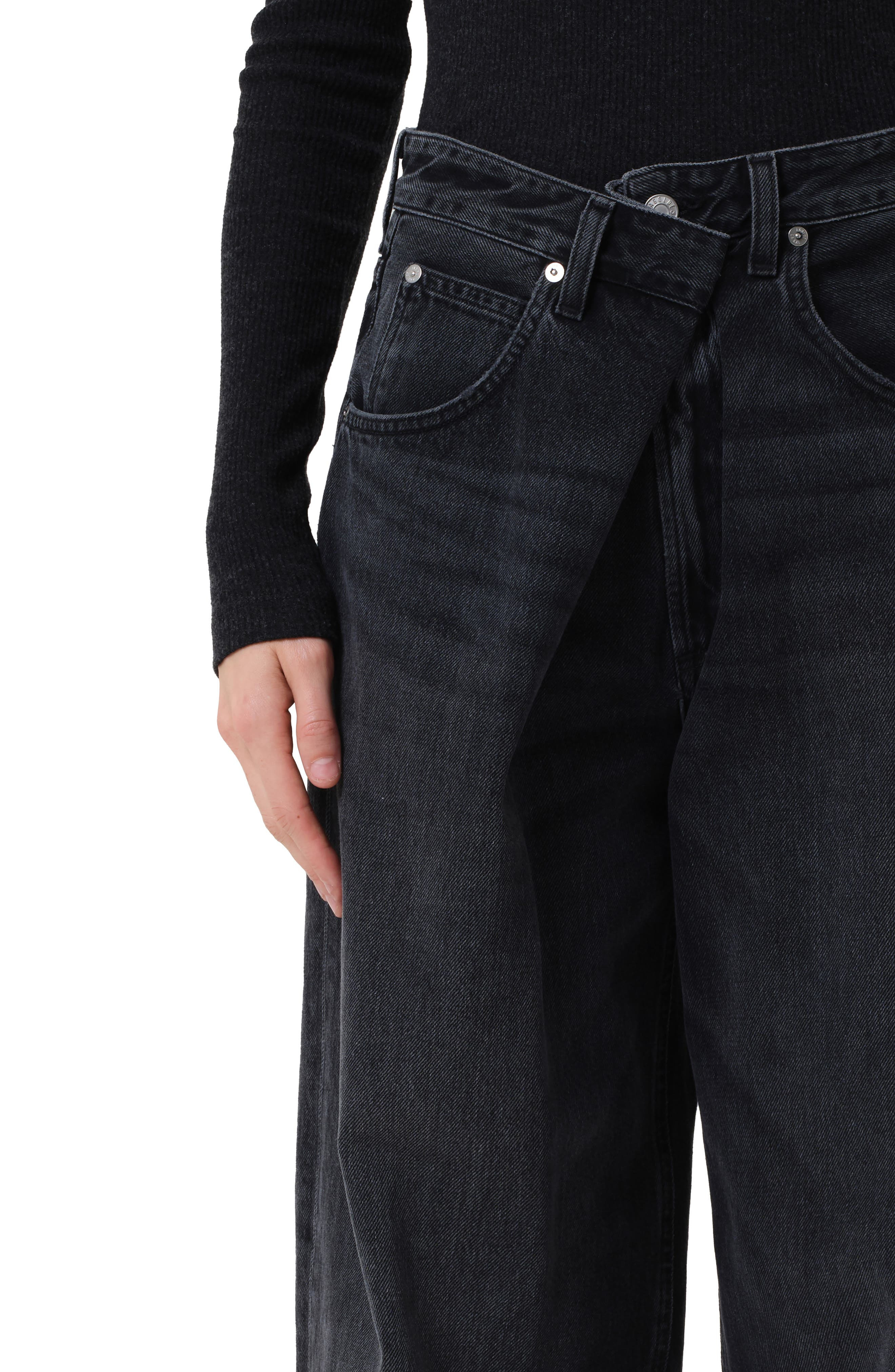 AGOLDE Vana Fold Waistband Wide Leg Jeans in Arcane Dark Black at Nordstrom - 4