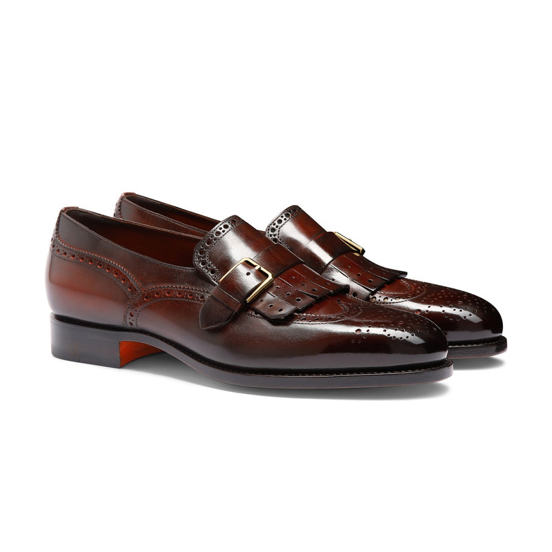 Santoni Men's burgundy leather single-buckle loafer with fringe outlook