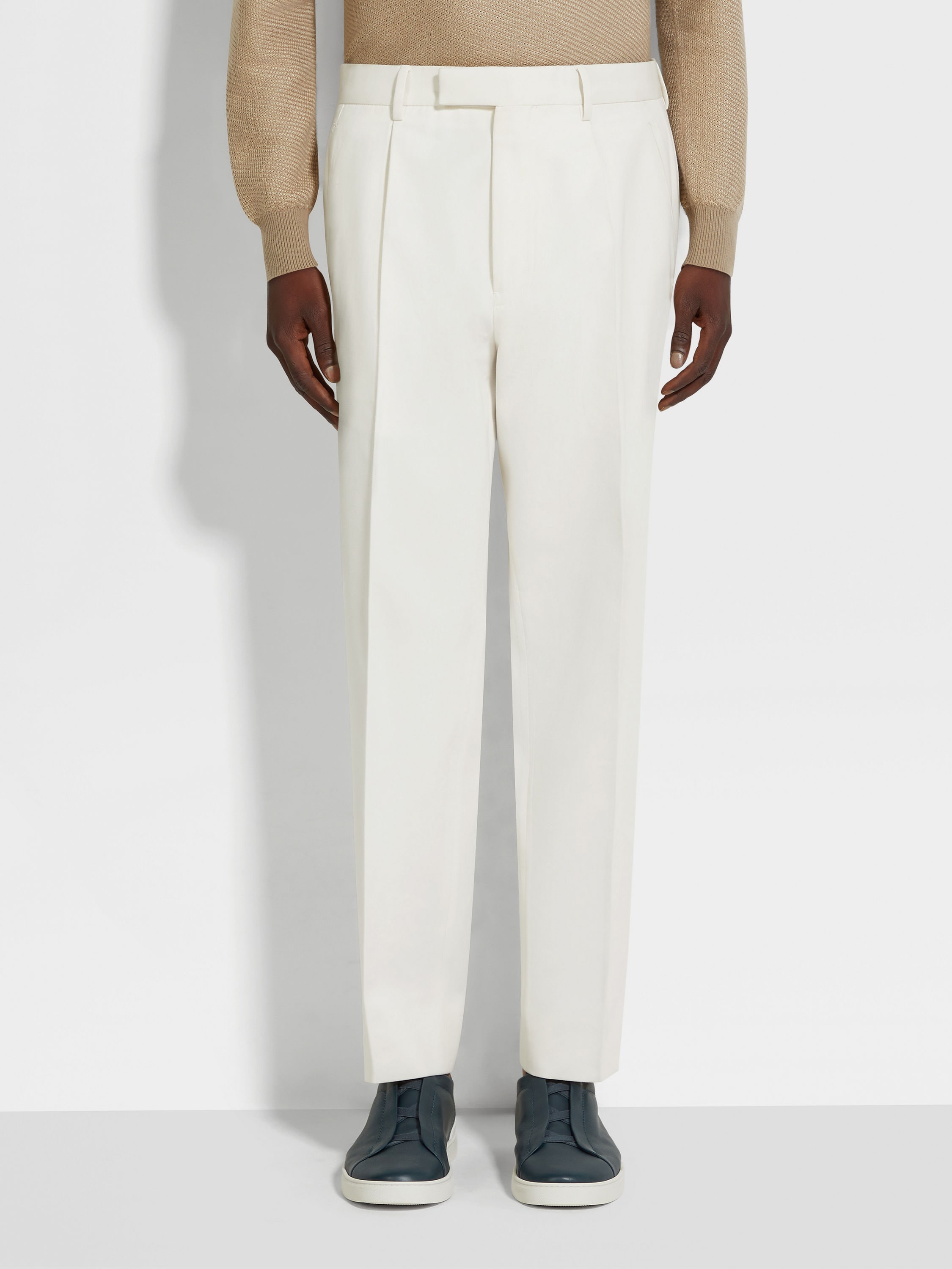 WHITE COTTON AND WOOL PANTS - 5
